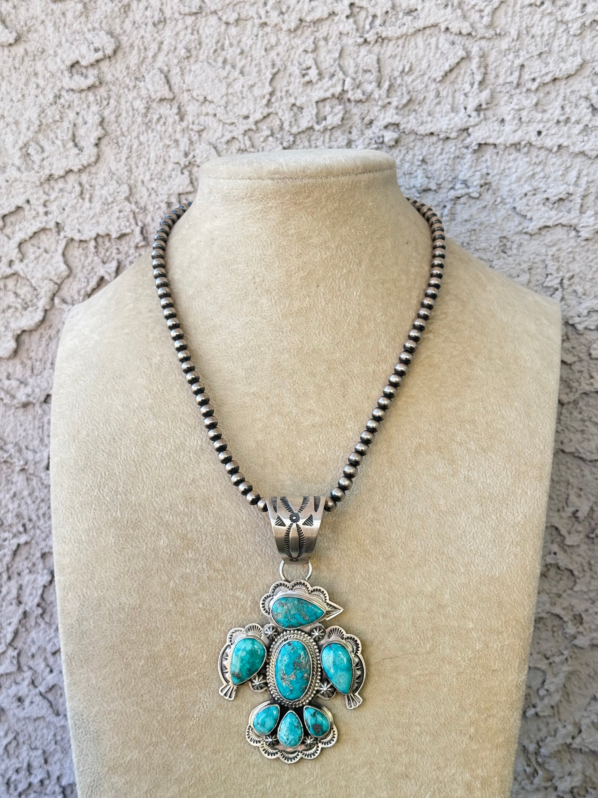 Charles Johnson Mixed Turquoise & Sterling Silver Thunderbird Cluster Pendant