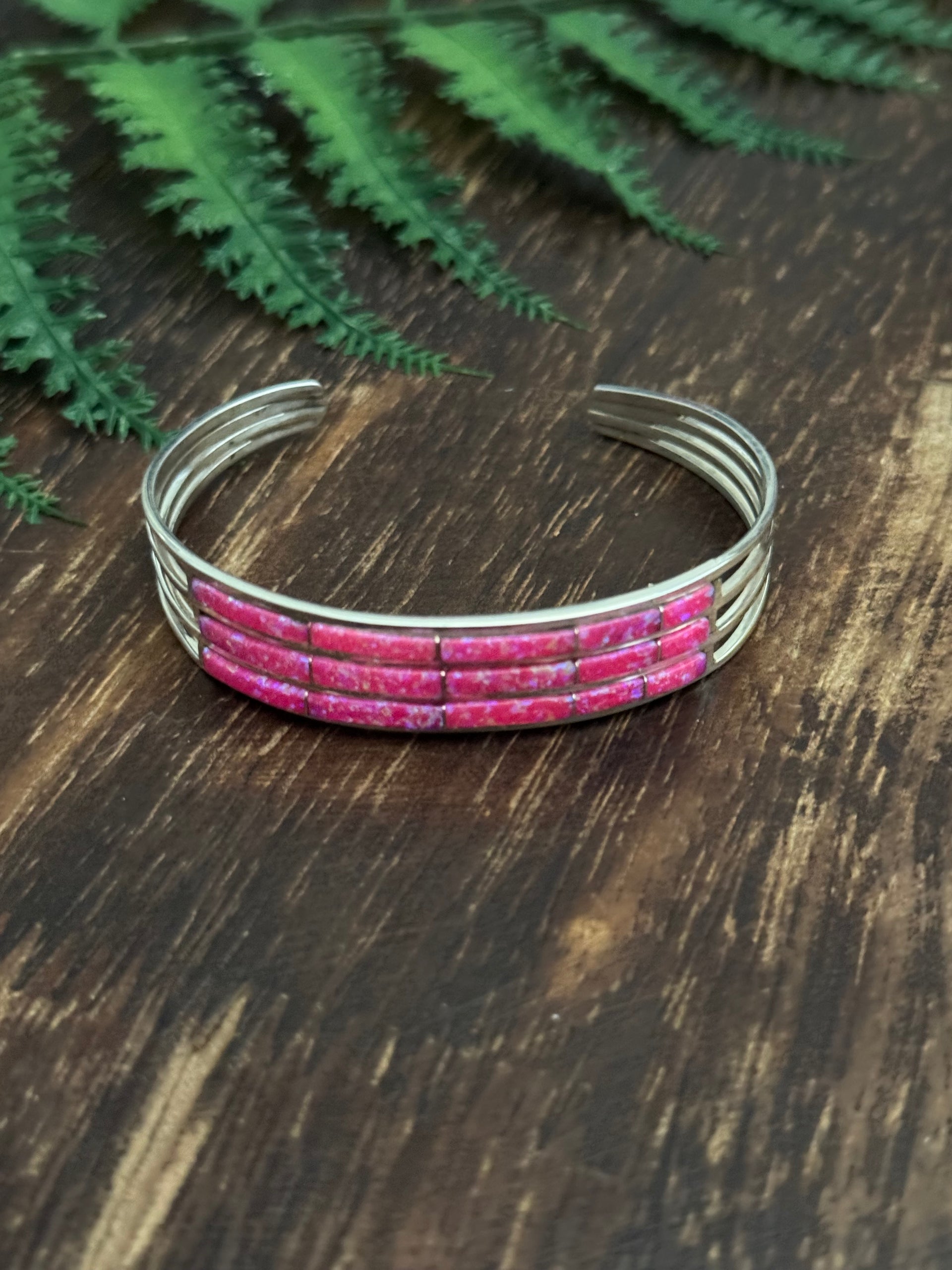 Navajo Made Pink Opal (Man-Made) & Sterling Silver Cuff Bracelet