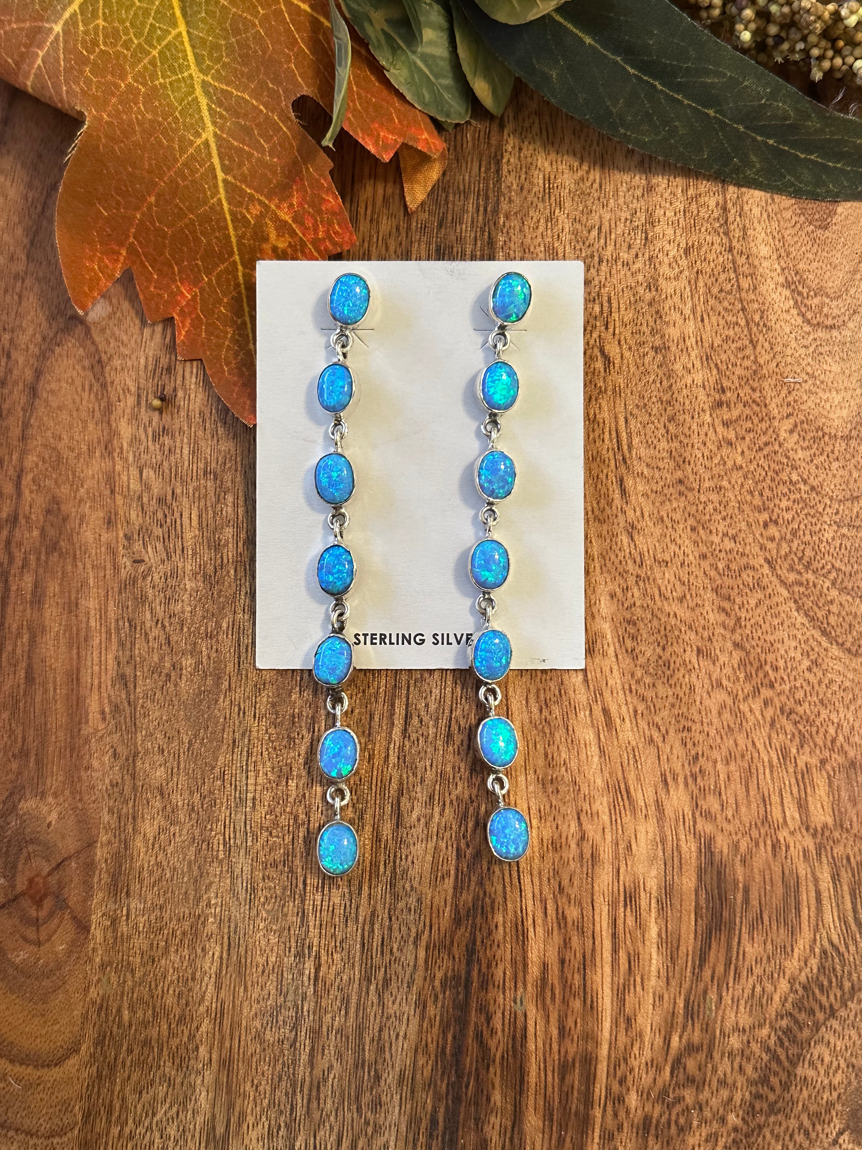 Southwest Handmade Blue Opal & Sterling Silver Post Dangle Earrings