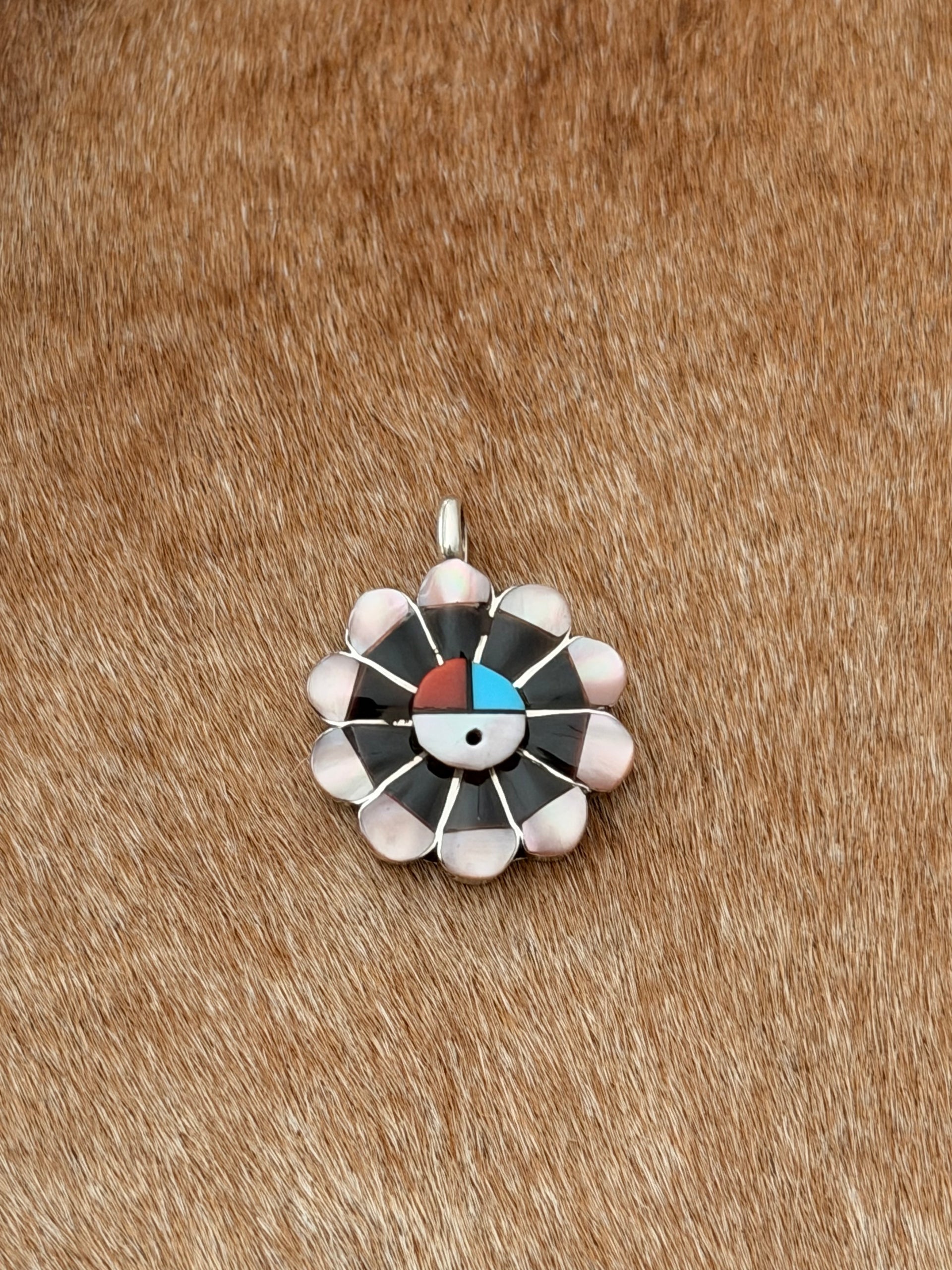 Zuni Made Multi Stone & Sterling Silver Inlay Sunface Pendant