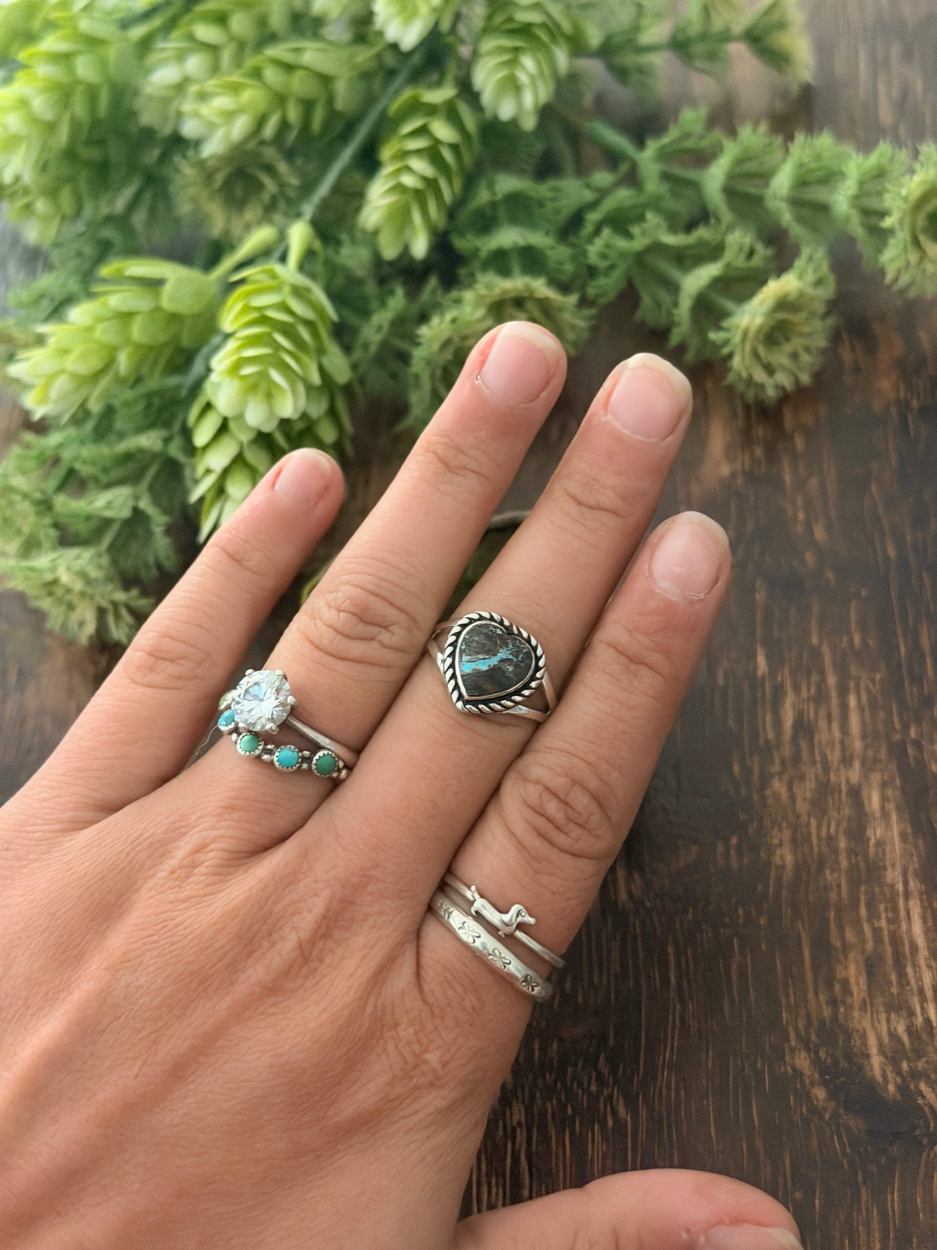 Navajo Made Black Jack Turquoise & Sterling Silver Ring Heart Size 8.5