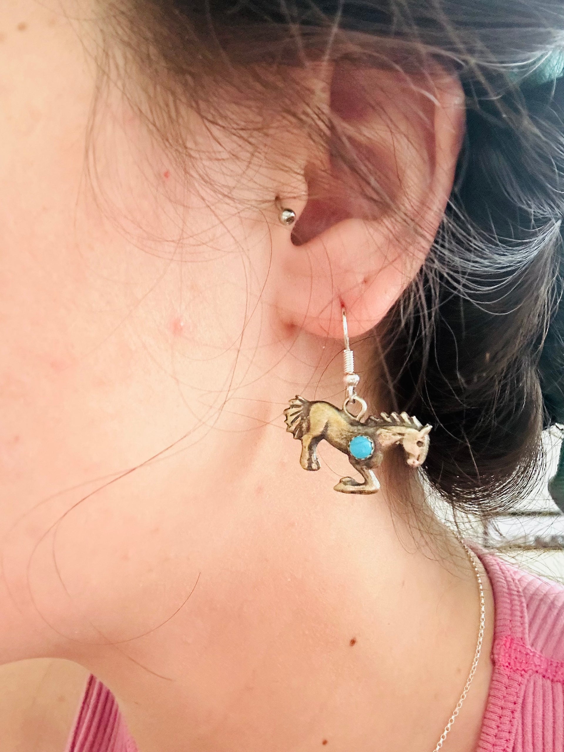 Tonya Yazzie Kingman Turquoise & Sterling Silver Horse Dangle Earrings