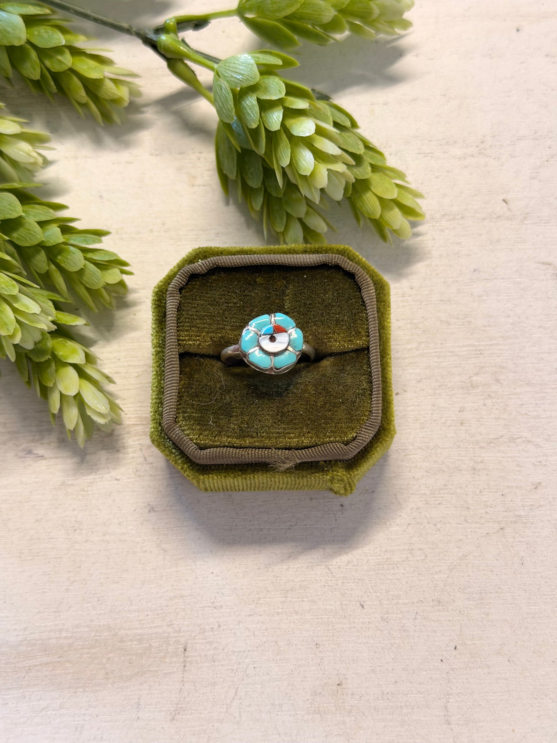 Zuni Made Multi Stone & Sterling Silver Sunface Inlay Ring