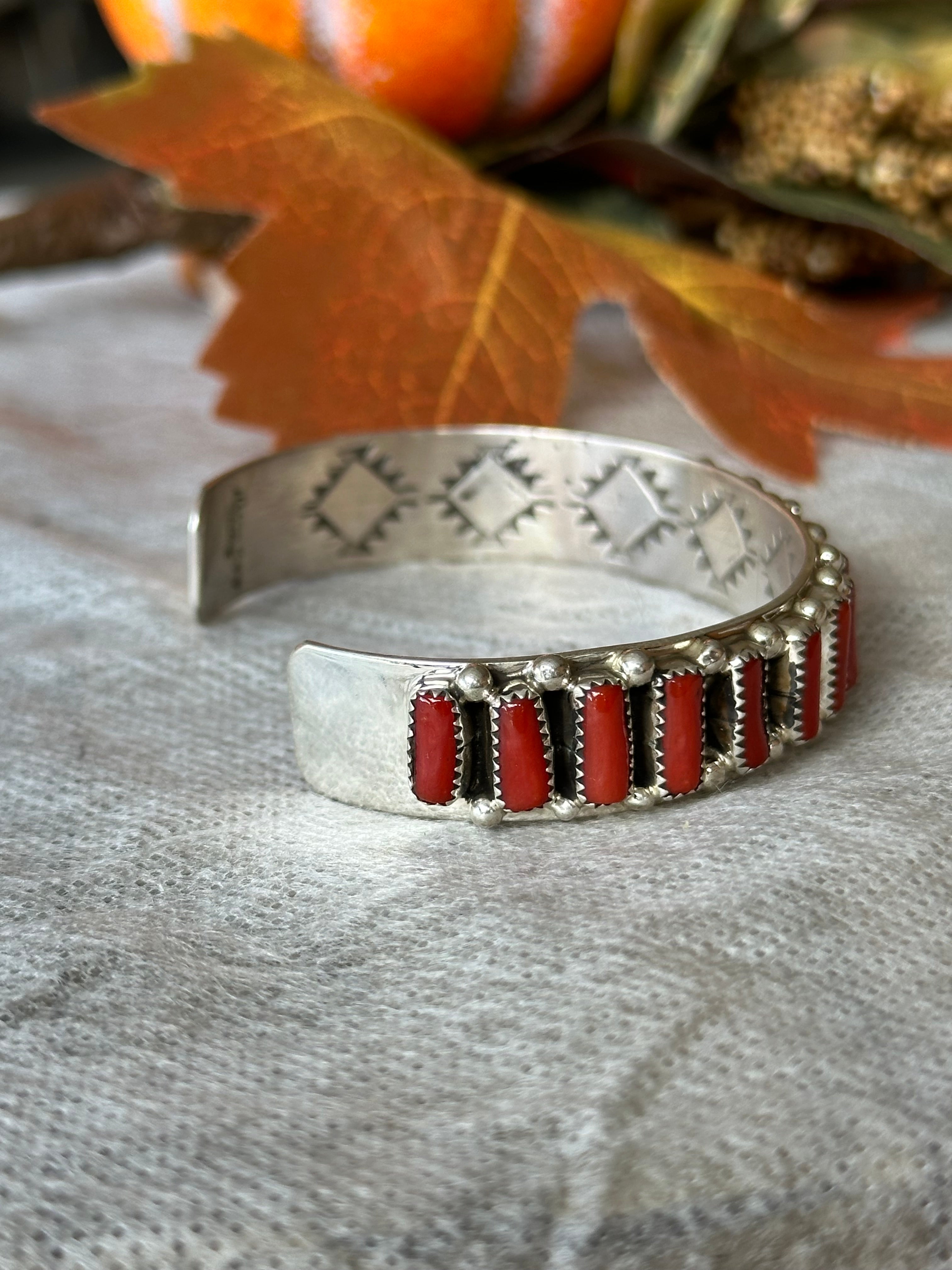 Dovlene Begay Red Coral & Sterling Silver Cuff Bracelet