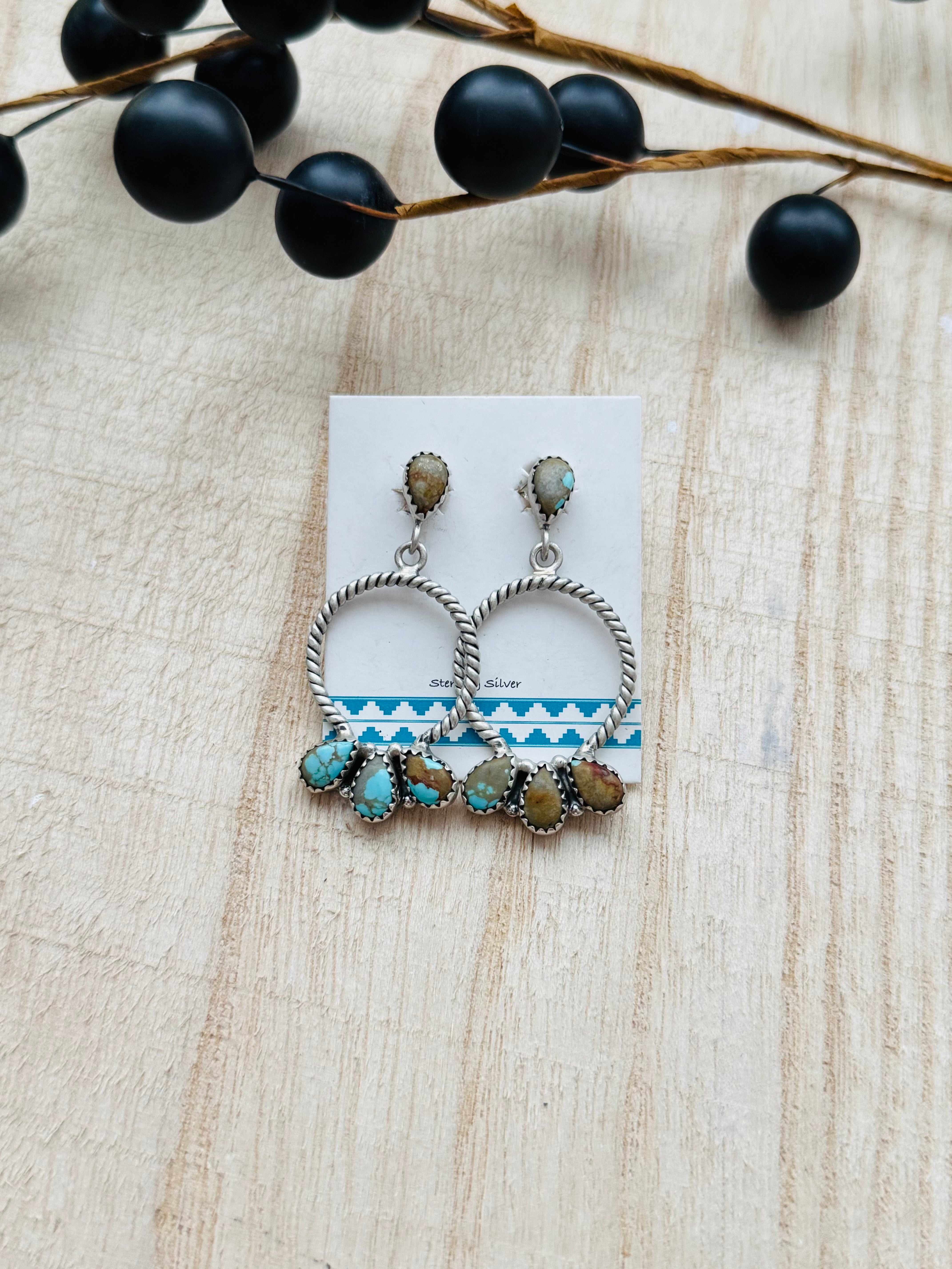 Southwest Handmade #8 Turquoise & Sterling Silver Post Dangle Earrings