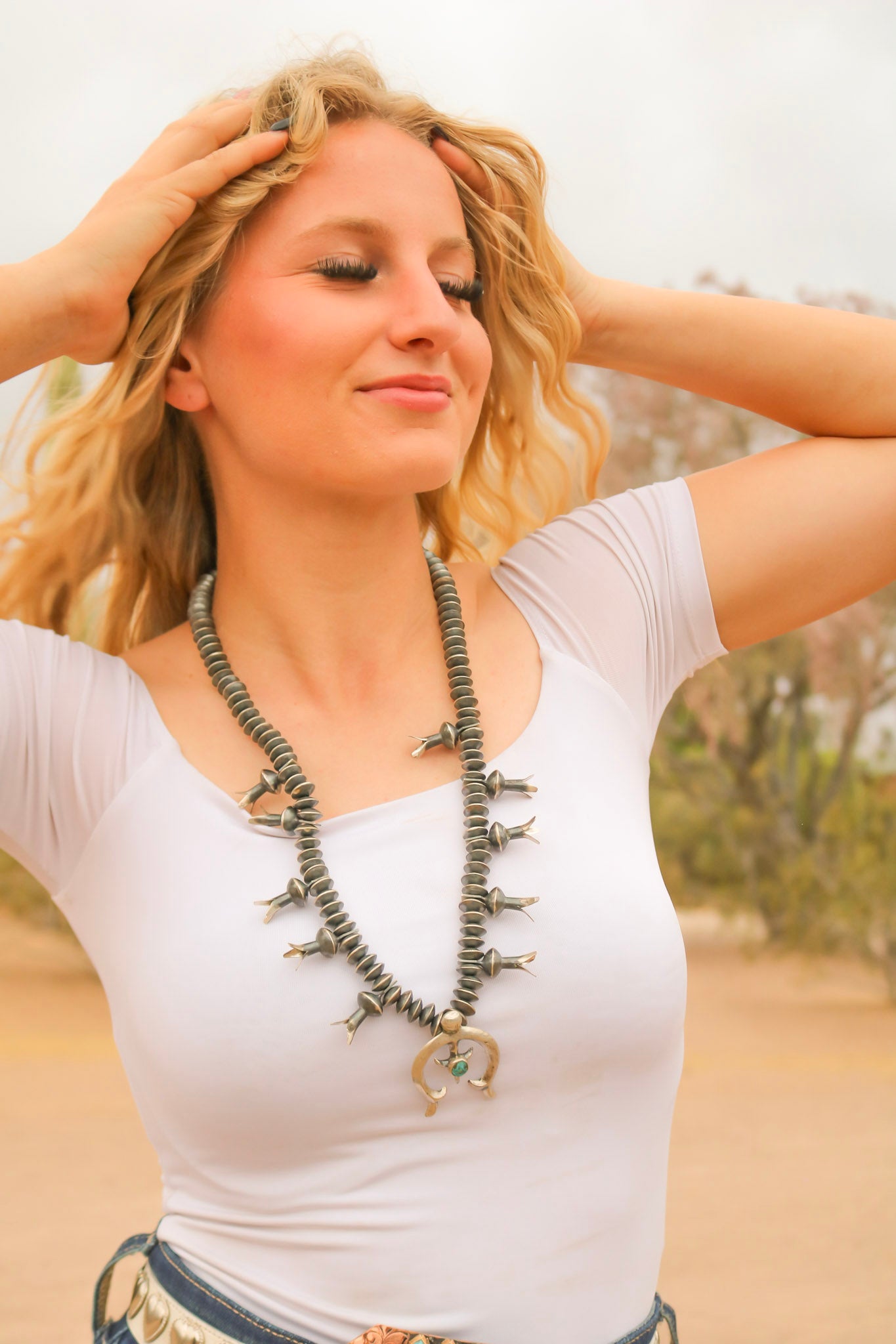 Richard Yazza Kingman Turquoise & Sterling Silver Squash Blossom Necklace