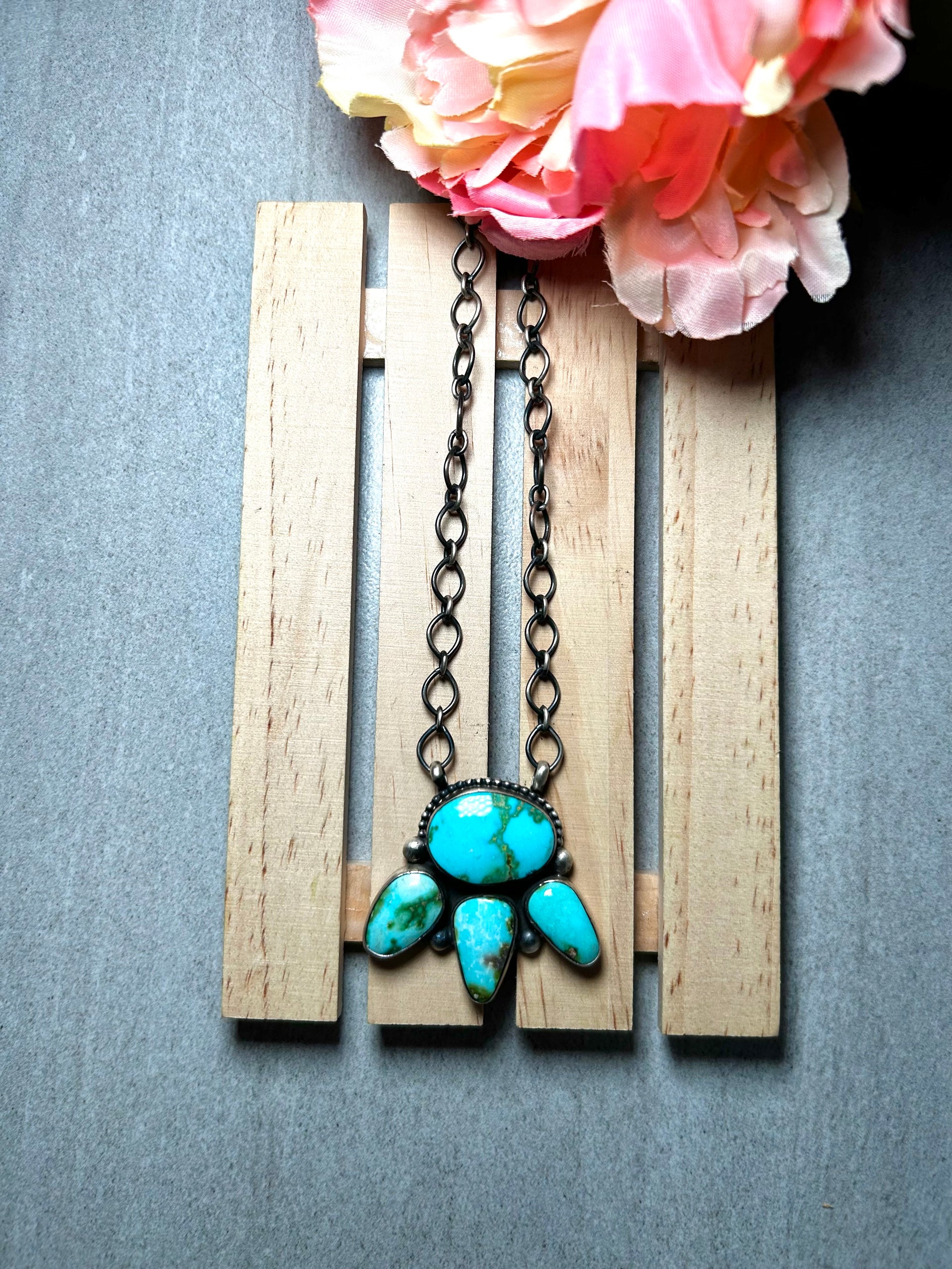 Navajo Made Sonoran Mountain Turquoise & Sterling Silver Cluster Necklace