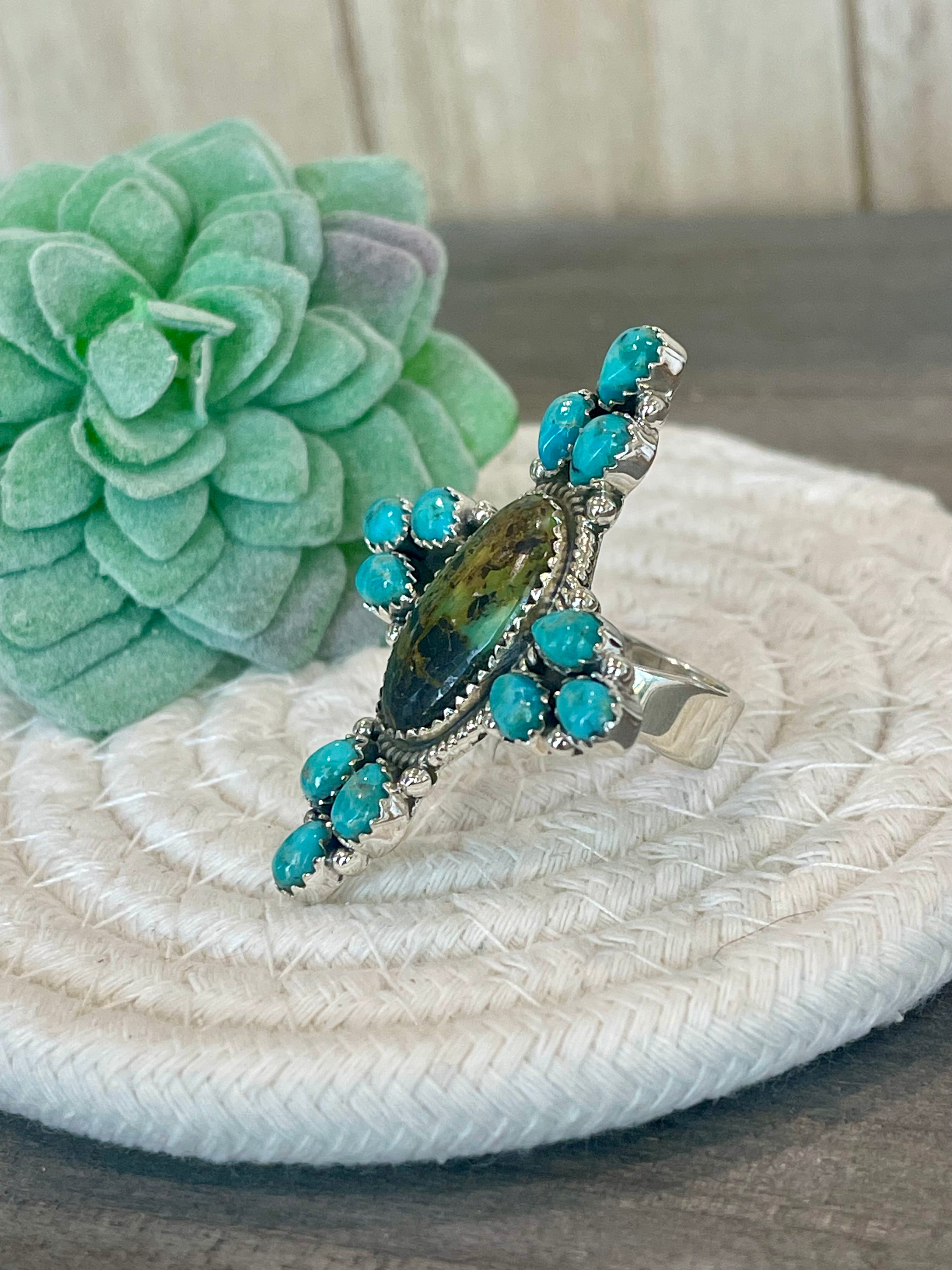 Southwest Handmade BlackJack Turquoise And Kingman Turquoise & Sterling Silver Adjustable Ring