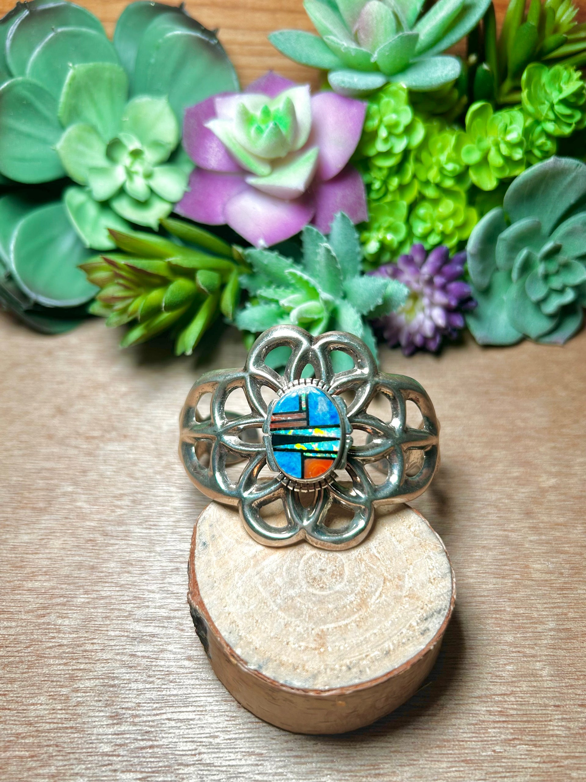 Vintage Navajo Multi Stone & Sterling Silver Cuff Bracelet