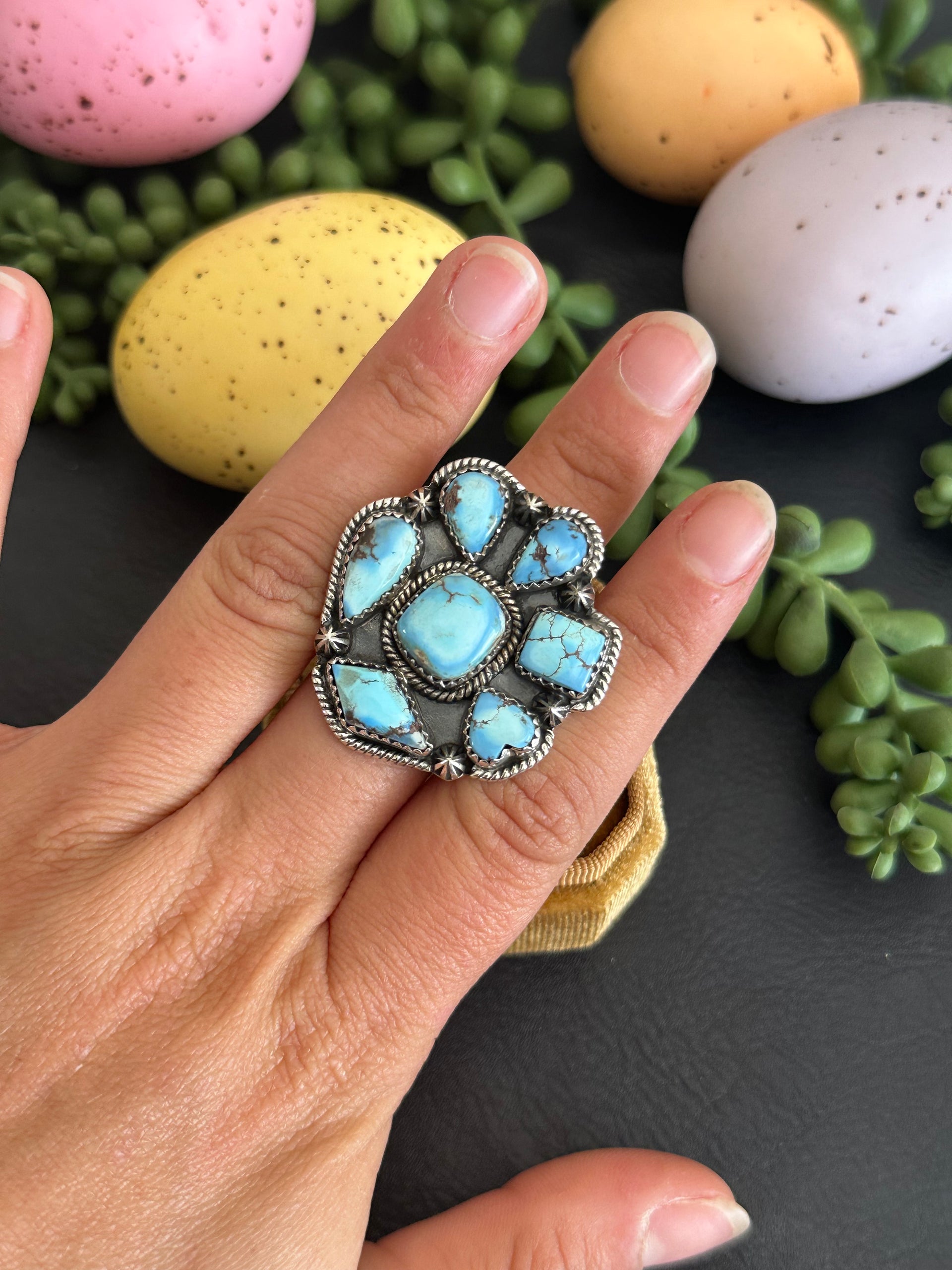 Southwest Handmade Golden Hills Turquoise & Sterling Silver Adjustable Cluster Ring