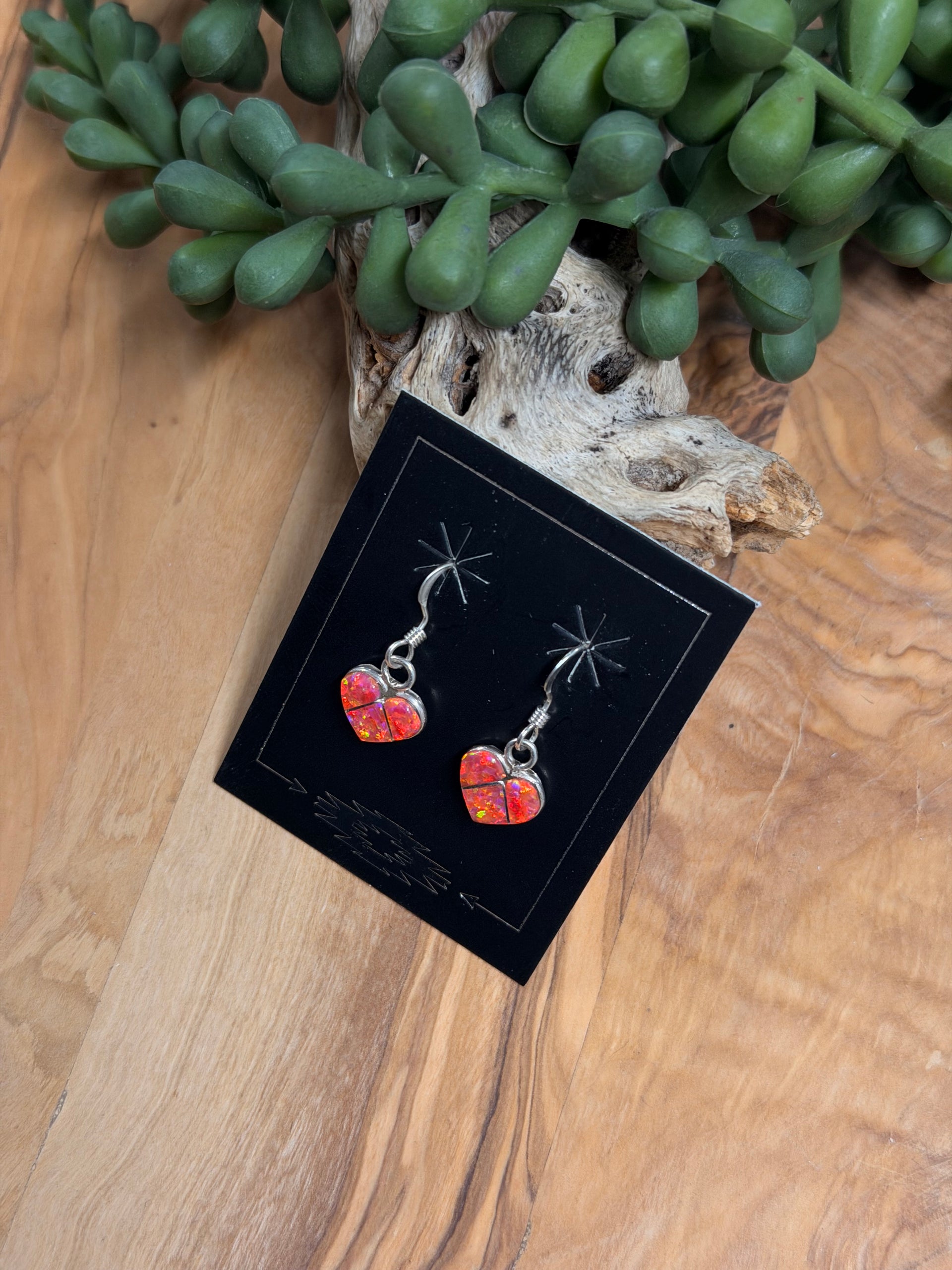 Zuni Made Opal (Man Made) & Sterling Silver Dangle Heart Earrings