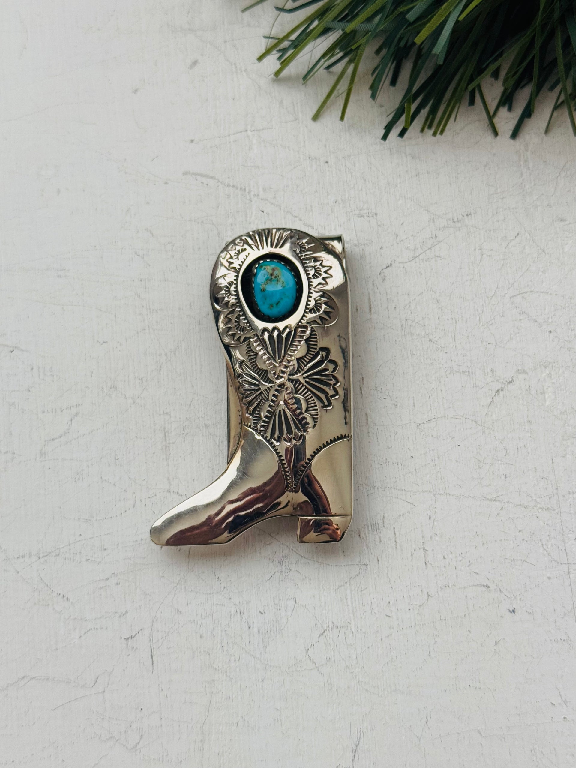 Navajo Made Kingman Turquoise & Sterling Silver Boot Money Clip