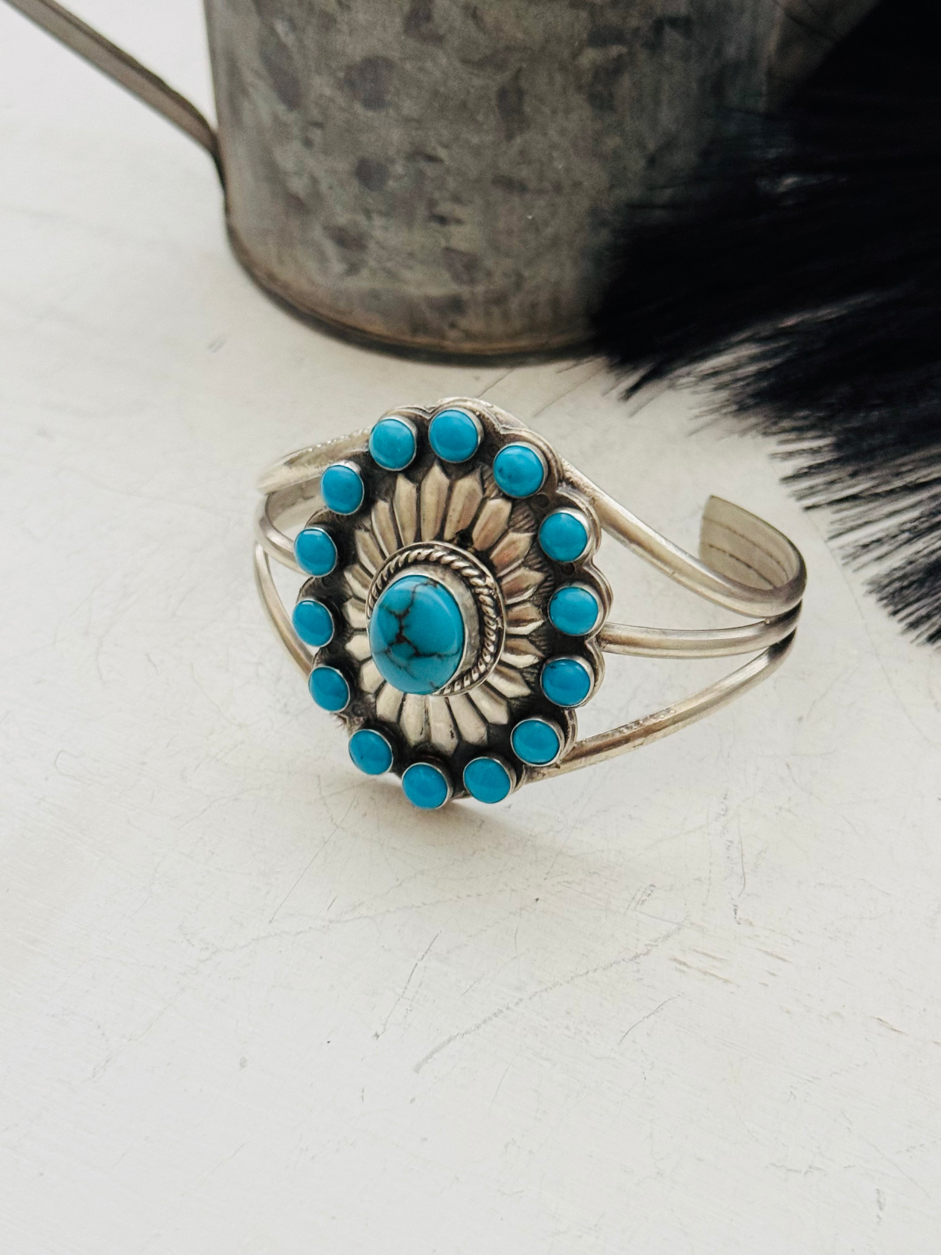 Steven Nez Multi Turquoise & Sterling Silver Concho Cuff Bracelet