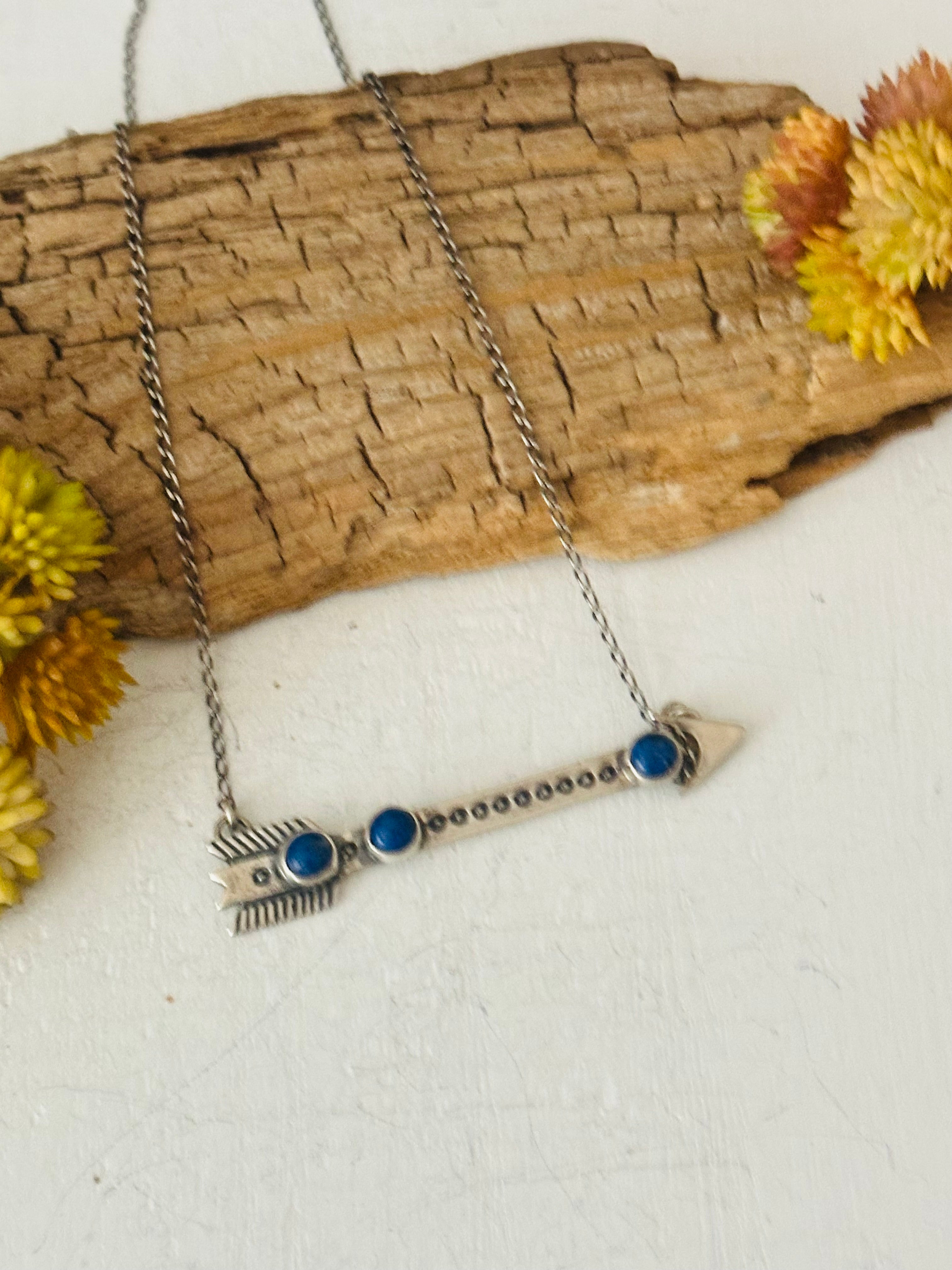 Navajo Made Lapis & Sterling Silver Arrow Necklace