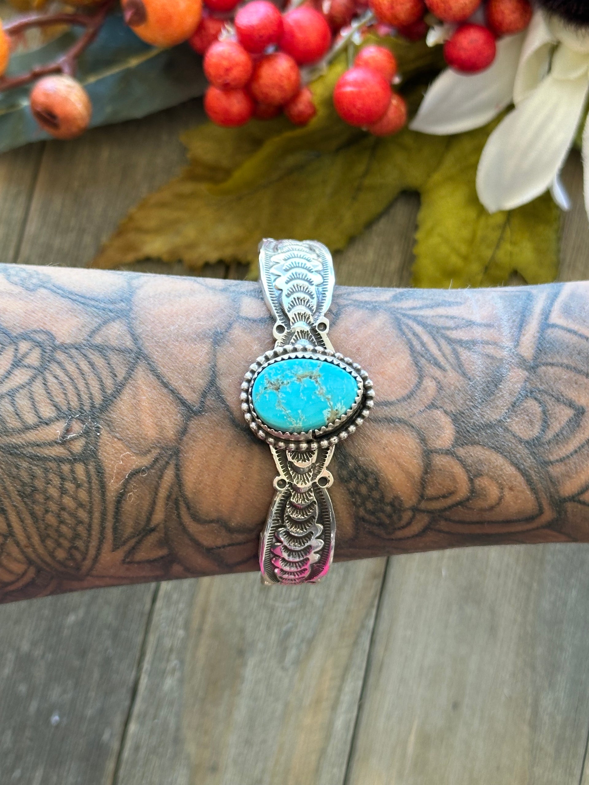 Navajo Made Kingman Turquoise & Sterling Silver Cuff Bracelet