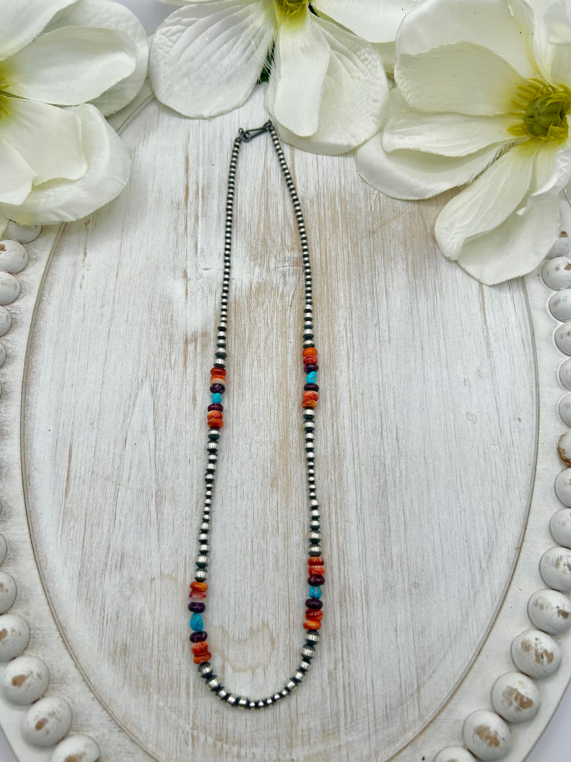 Navajo Made Strung Multi Stone & Sterling Silver Necklace