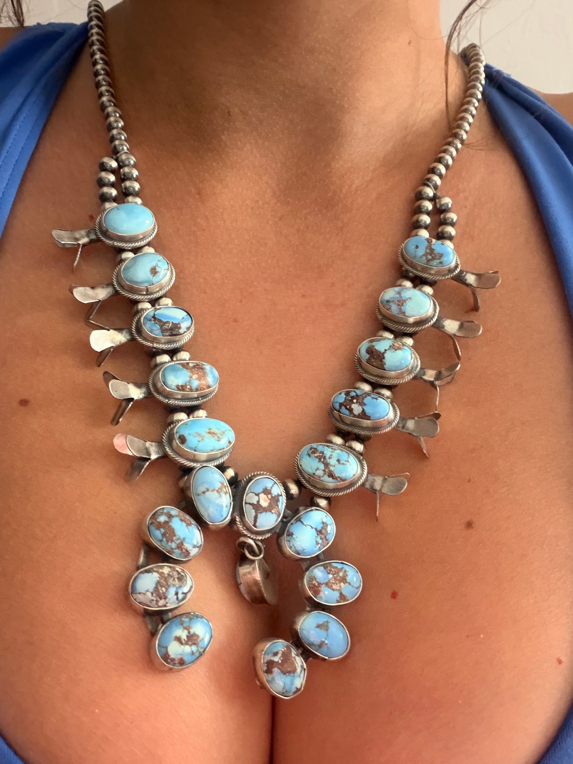 Lydia Begay Golden Hills Turquoise & Sterling Silver Cluster Squash Blossom Necklace Set