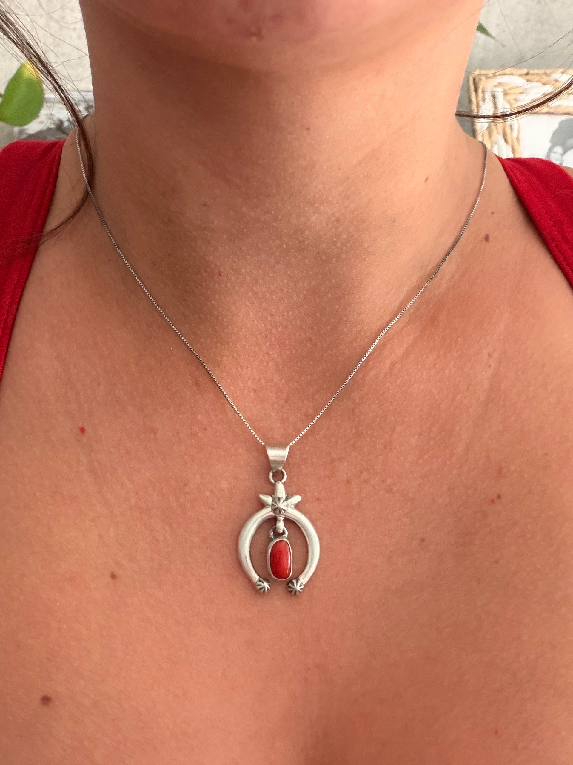 Navajo Made Red Coral & Sterling Silver Naja Necklace