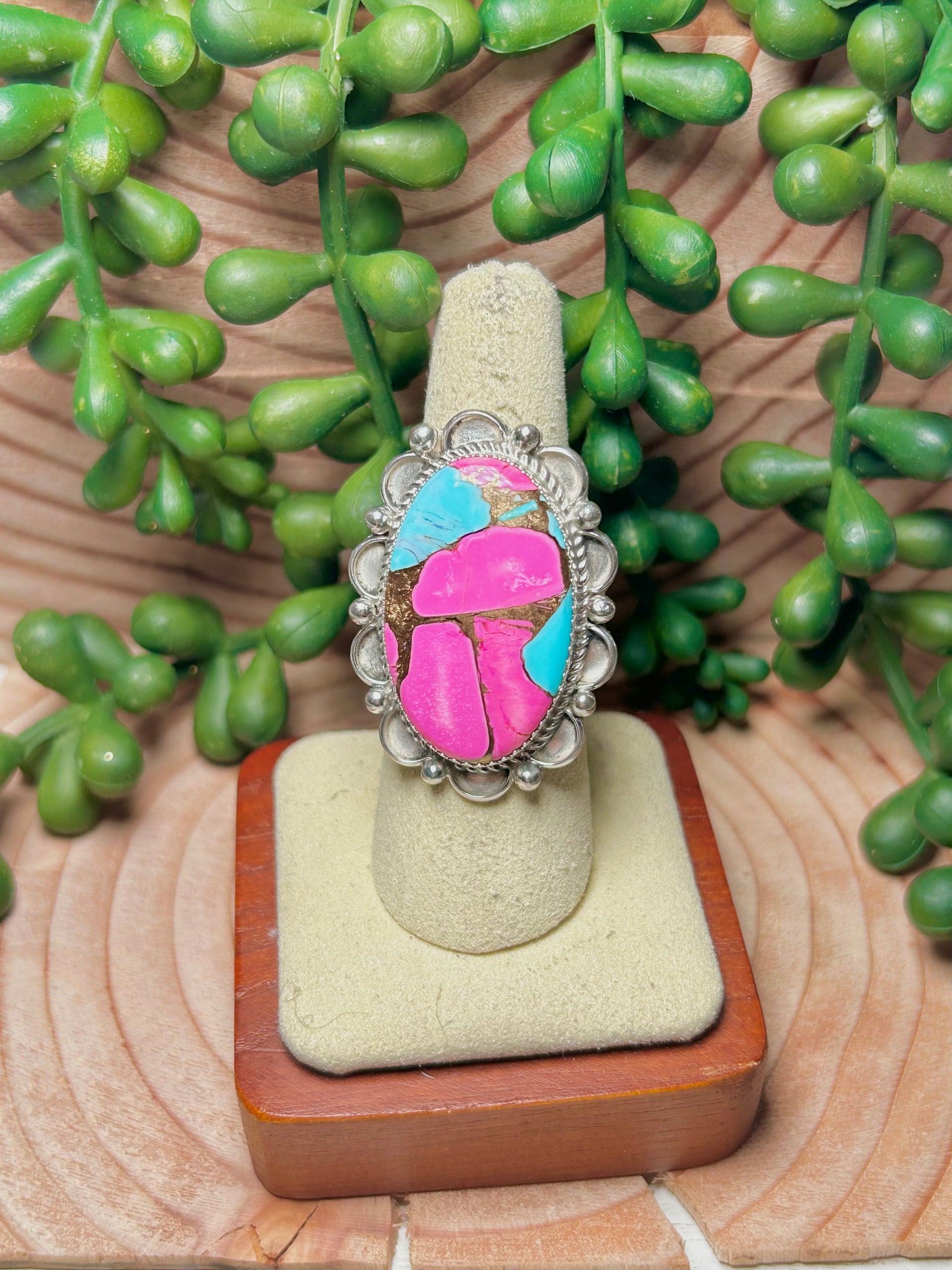 Navajo Made Cotton Candy Dahlia & Sterling Sliver Ring Size 7.25