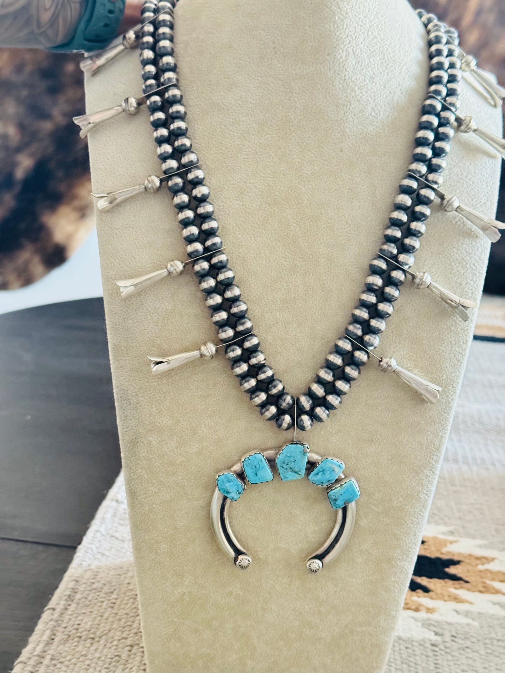 Navajo Made Kingman Turquoise & Sterling Silver Squash Blossom Necklace Set