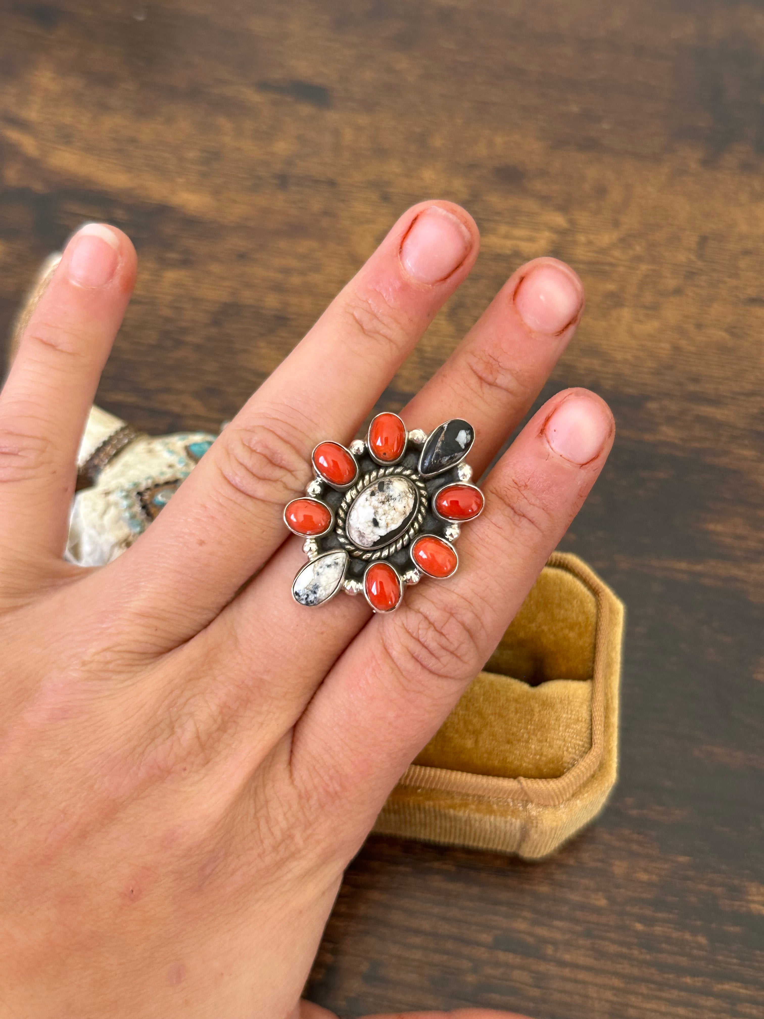 Southwest Handmade Multi Stone & Sterling Silver Cluster Adjustable Ring