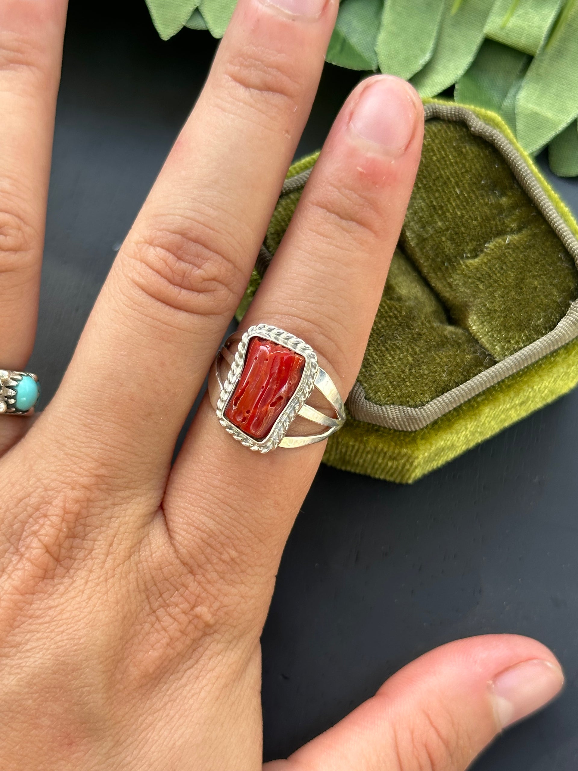 Navajo Made Red Coral & Sterling Silver Ring Size 7.5