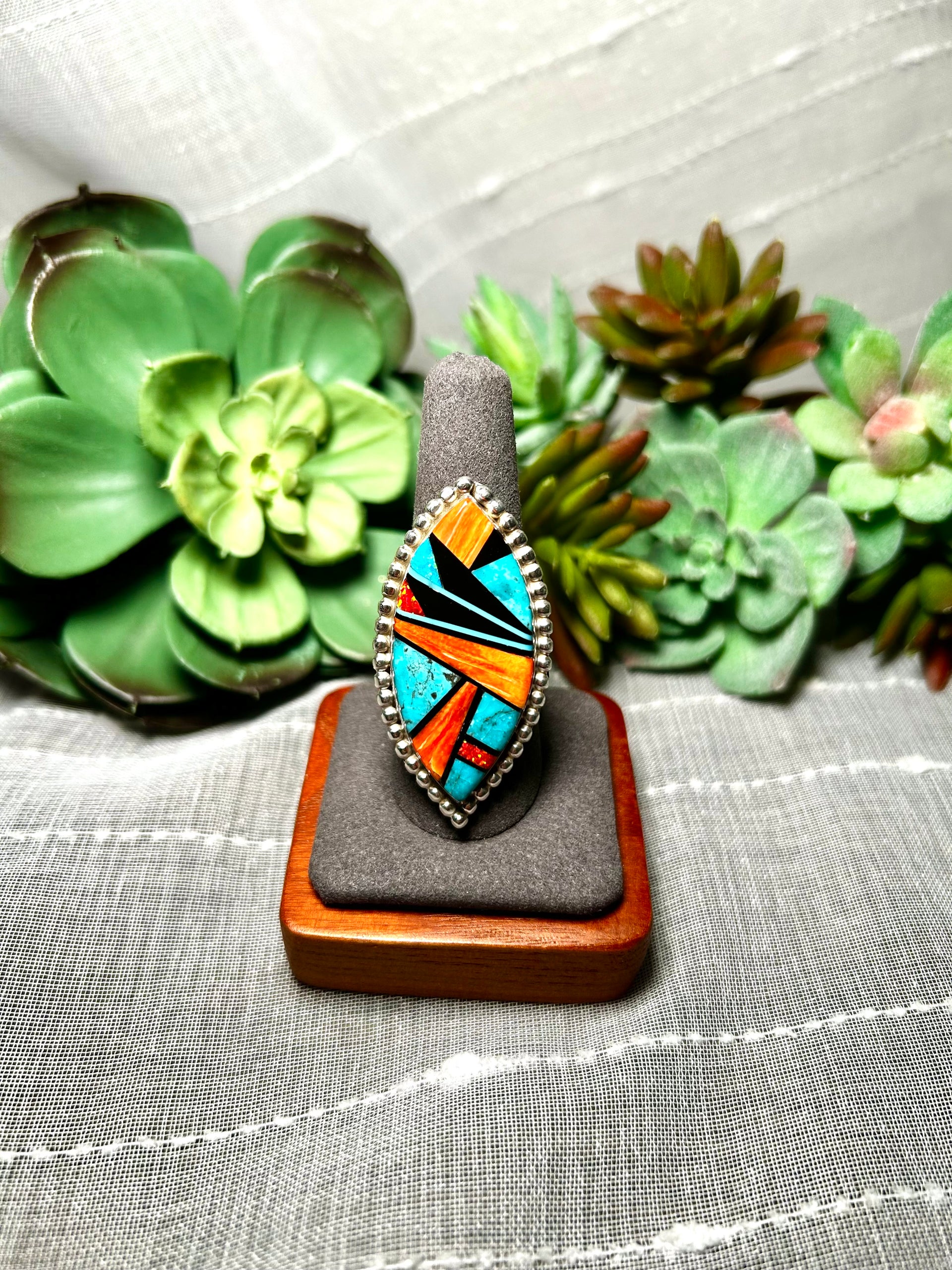 Navajo Made Multi Stone & Sterling Silver Ring Size 9.75