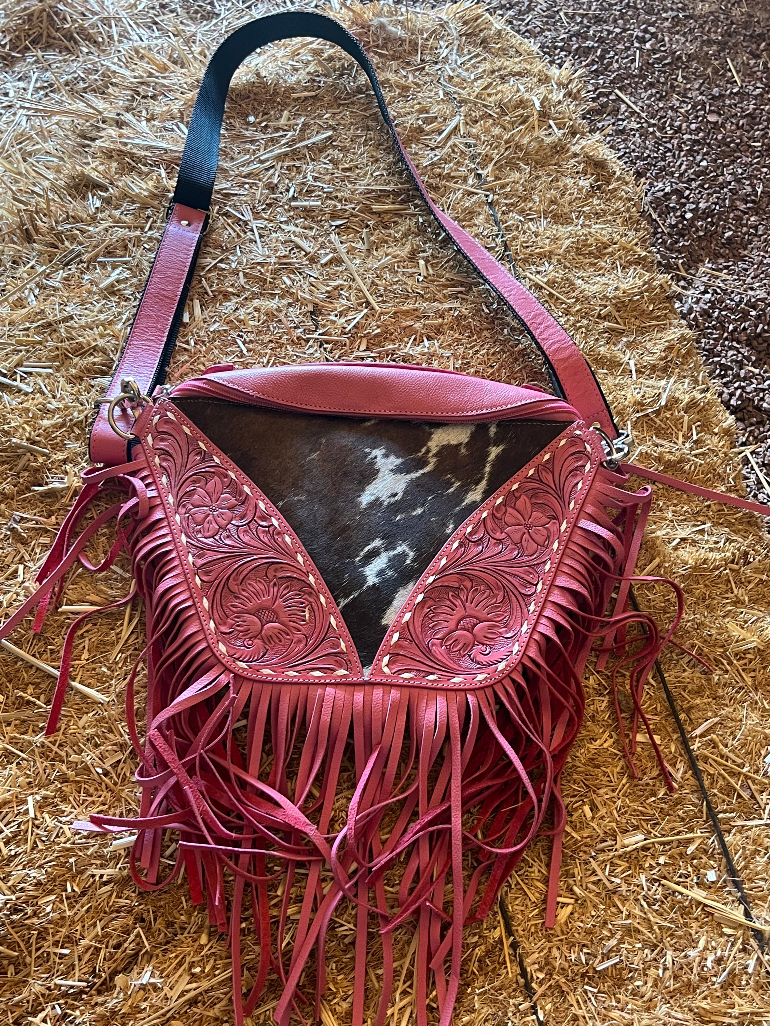 Genuine Tooled Leather & Cowhide Fringe Purse