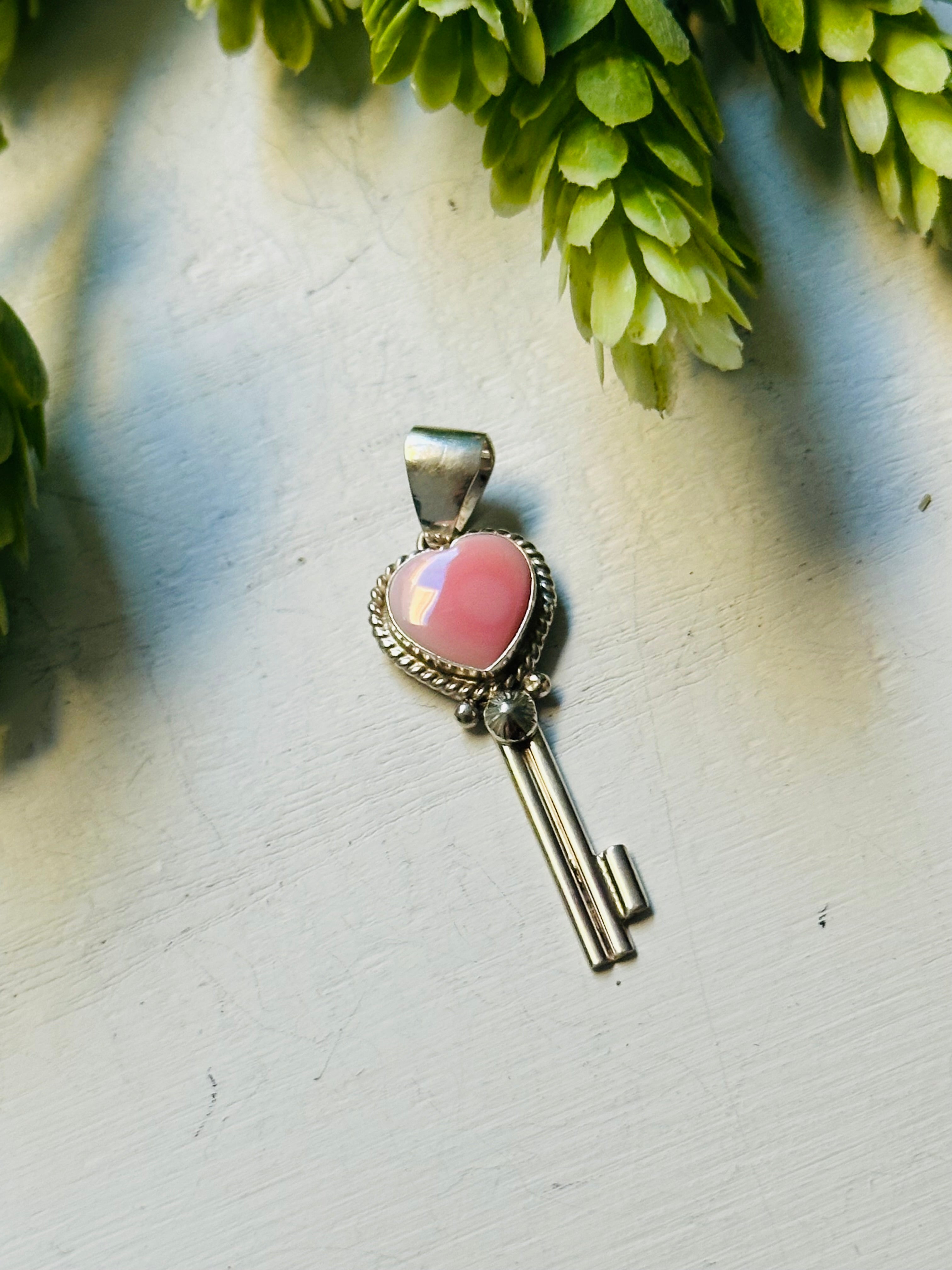 Navajo Made Pink Conch & Sterling Silver Key Heart Pendant