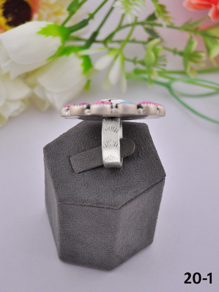 Southwest Made Multi Stone & Sterling Sliver Cluster Adjustable Ring