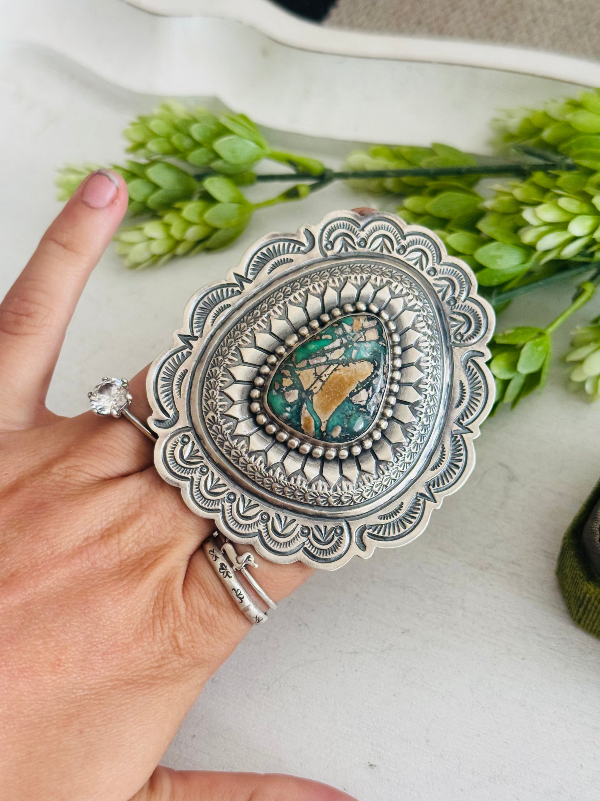 Arnold Blackgoat Rare Green Carico Lake Turquoise & Sterling Silver Adjustable Ring