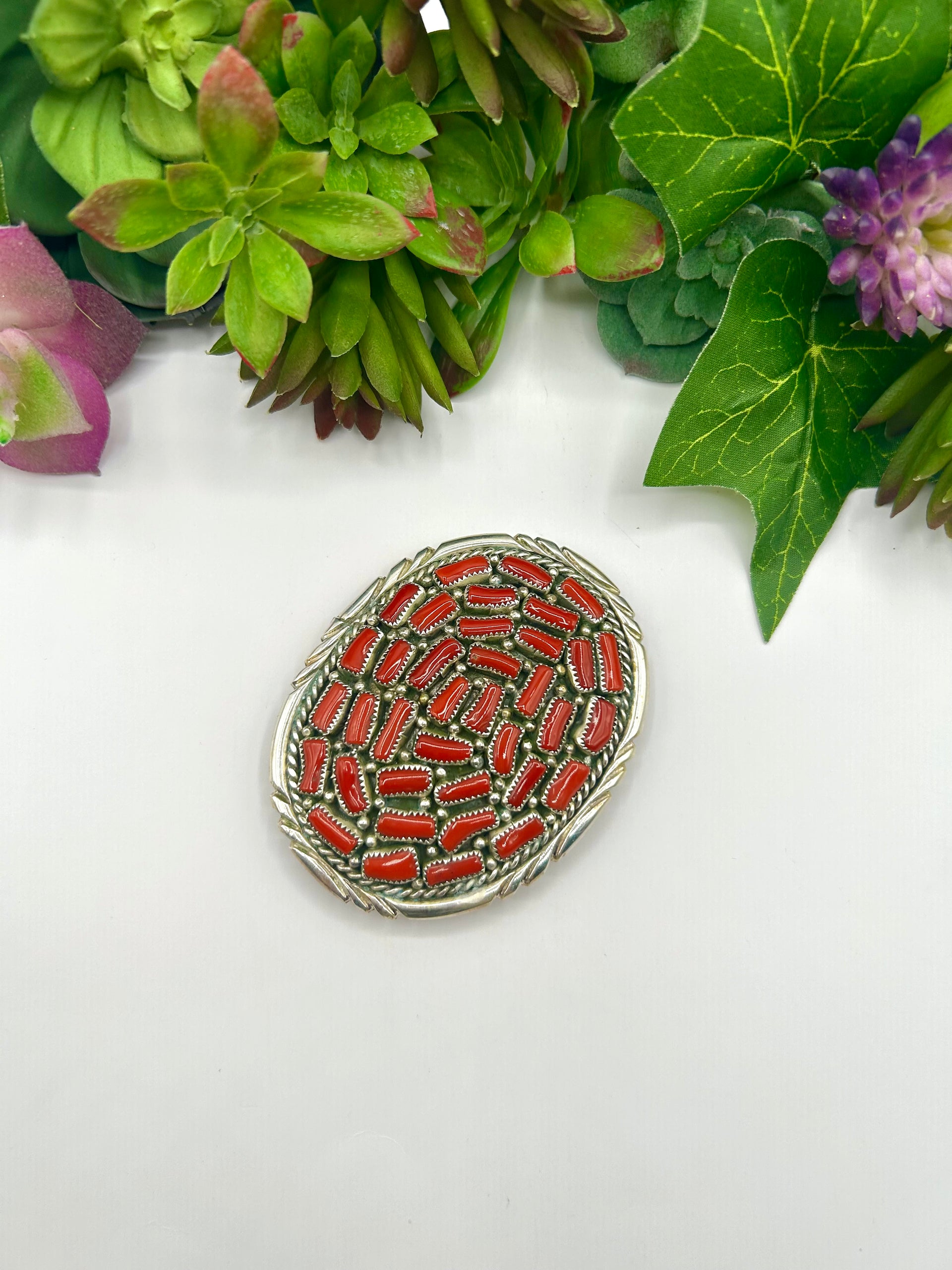 Navajo Made Mediterranean Coral & Sterling Silver Belt Buckle