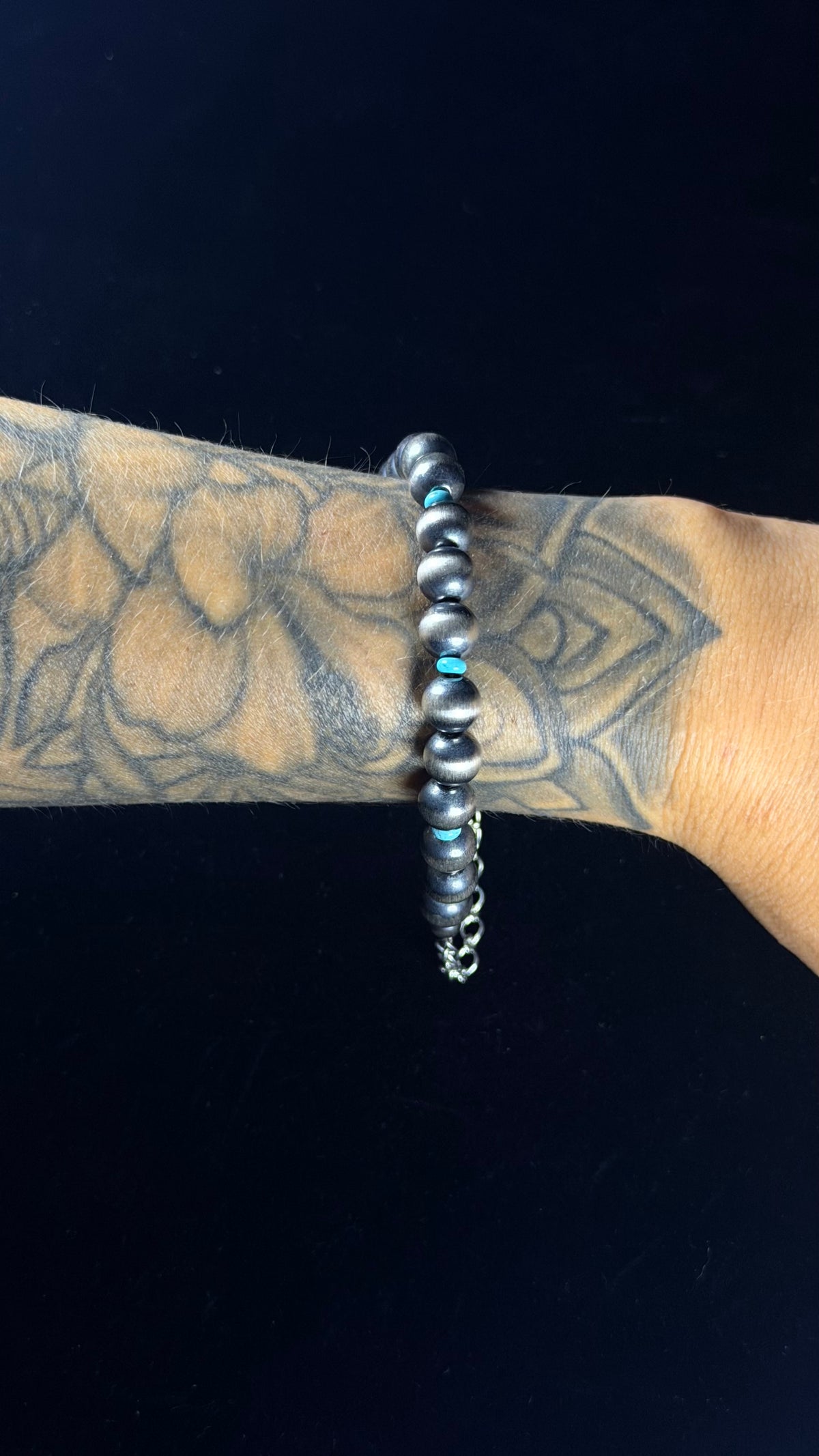 Navajo Strung Kingman Turquoise & Sterling Silver Beaded Pearl Bracelet