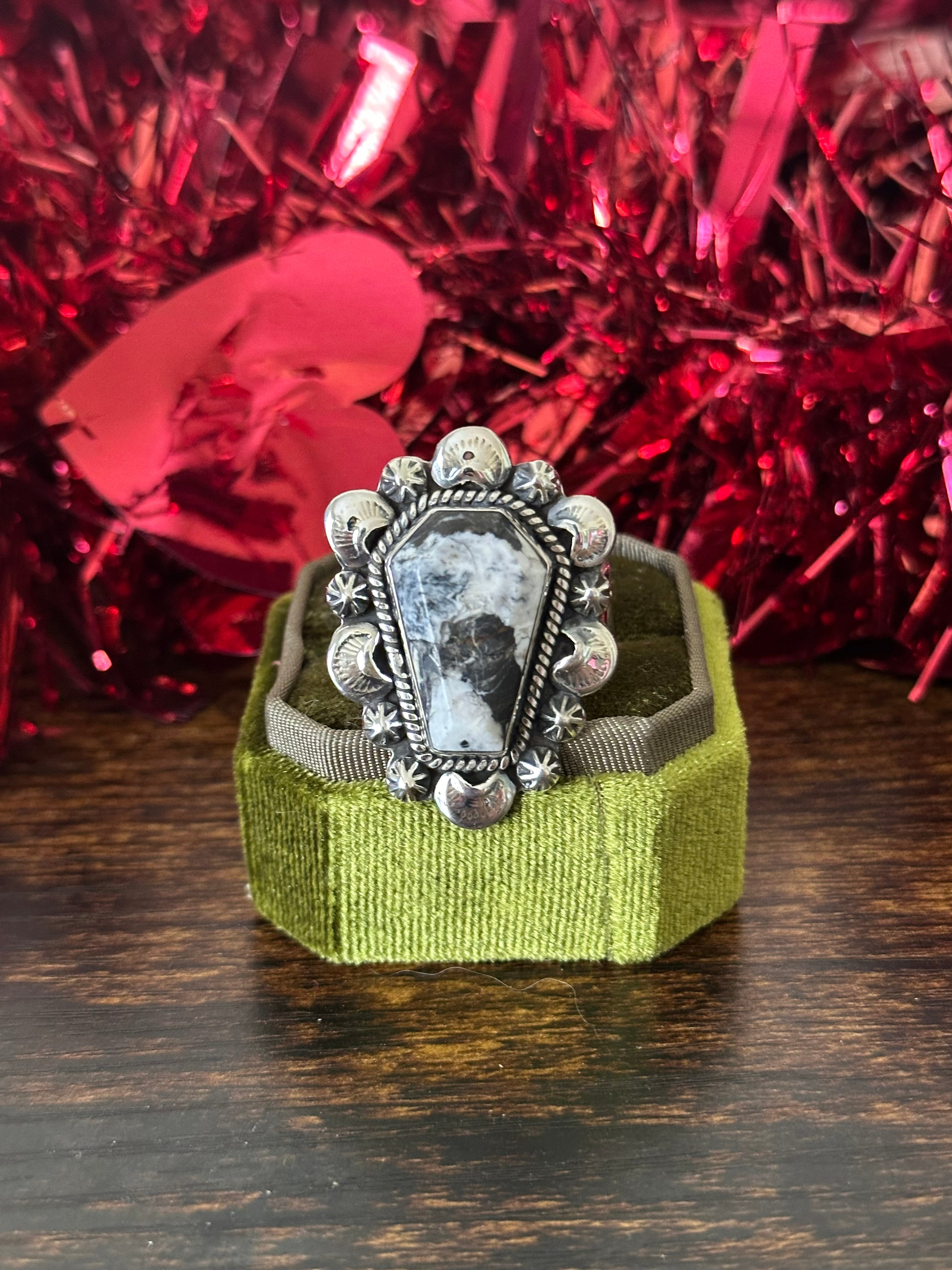 Southwest Handmade White Buffalo & Sterling Silver Adjustable Coffin Ring