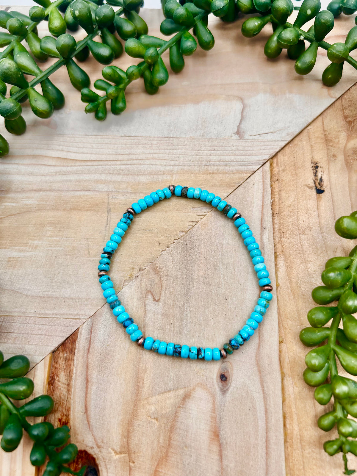 Navajo Made Red Skin Turquoise & Copper Strung Stretchy Bracelet