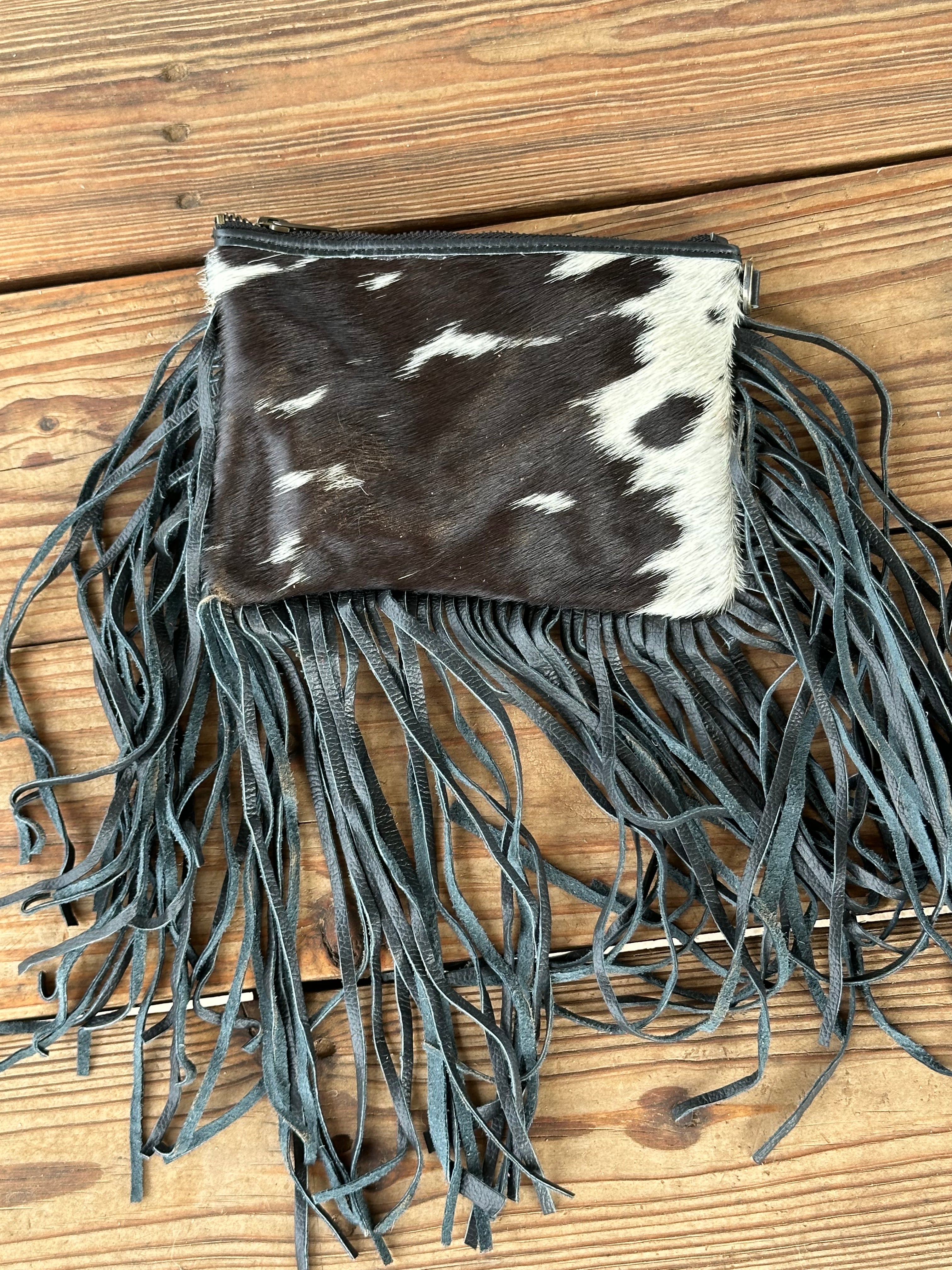 Genuine Leather Cowhide Tooled Cross Body Fringe Purse