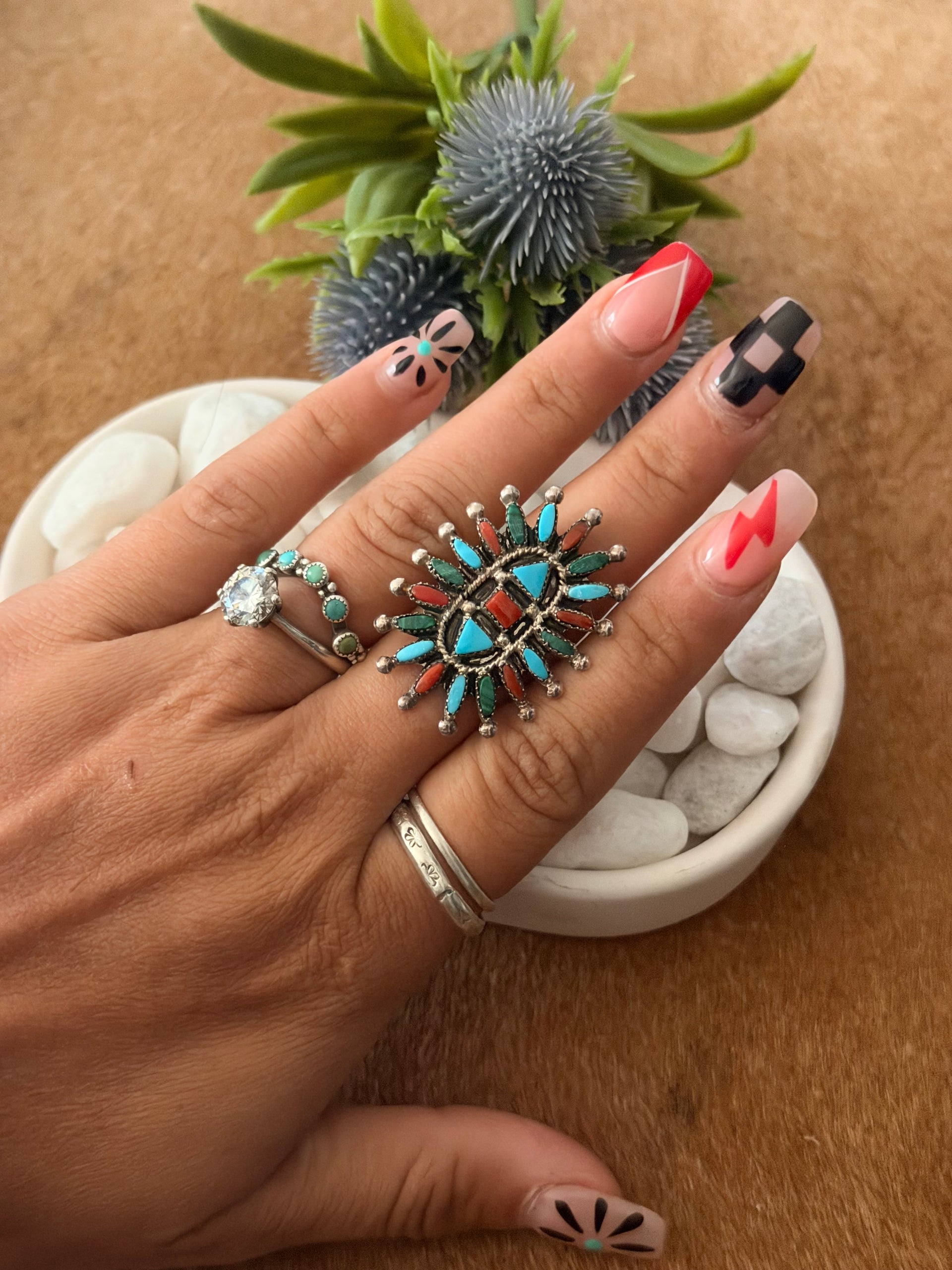 Zuni Made Multi Stone & Sterling Silver Cluster Petite Ring Size 7.5