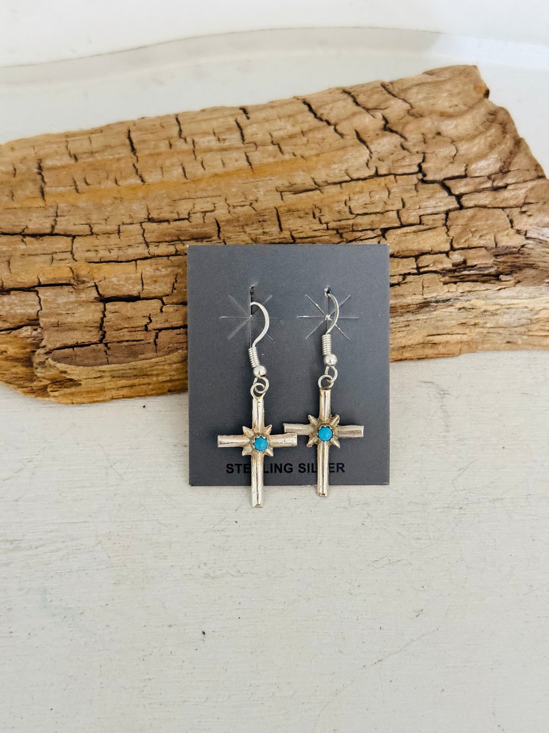 Navajo Made Kingman Turquoise & Sterling Silver Cross Dangle Earrings