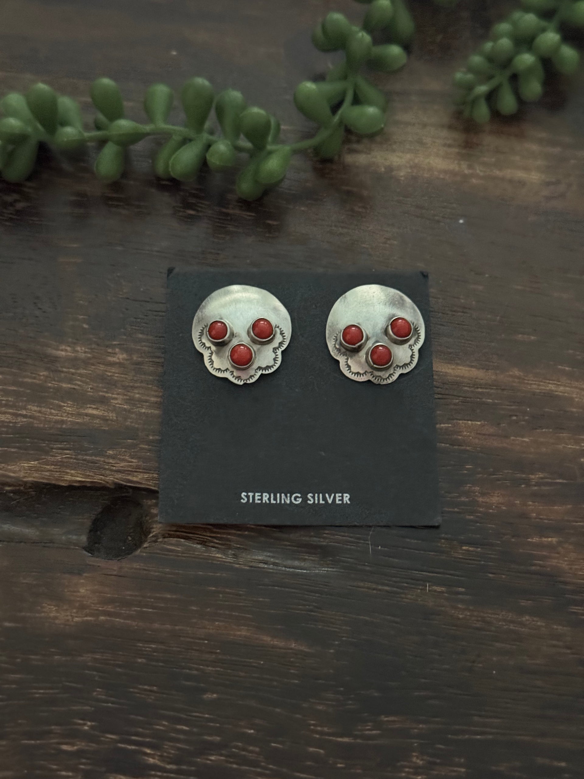 Sheila Tso Red Coral & Sterling Silver Post Earrings