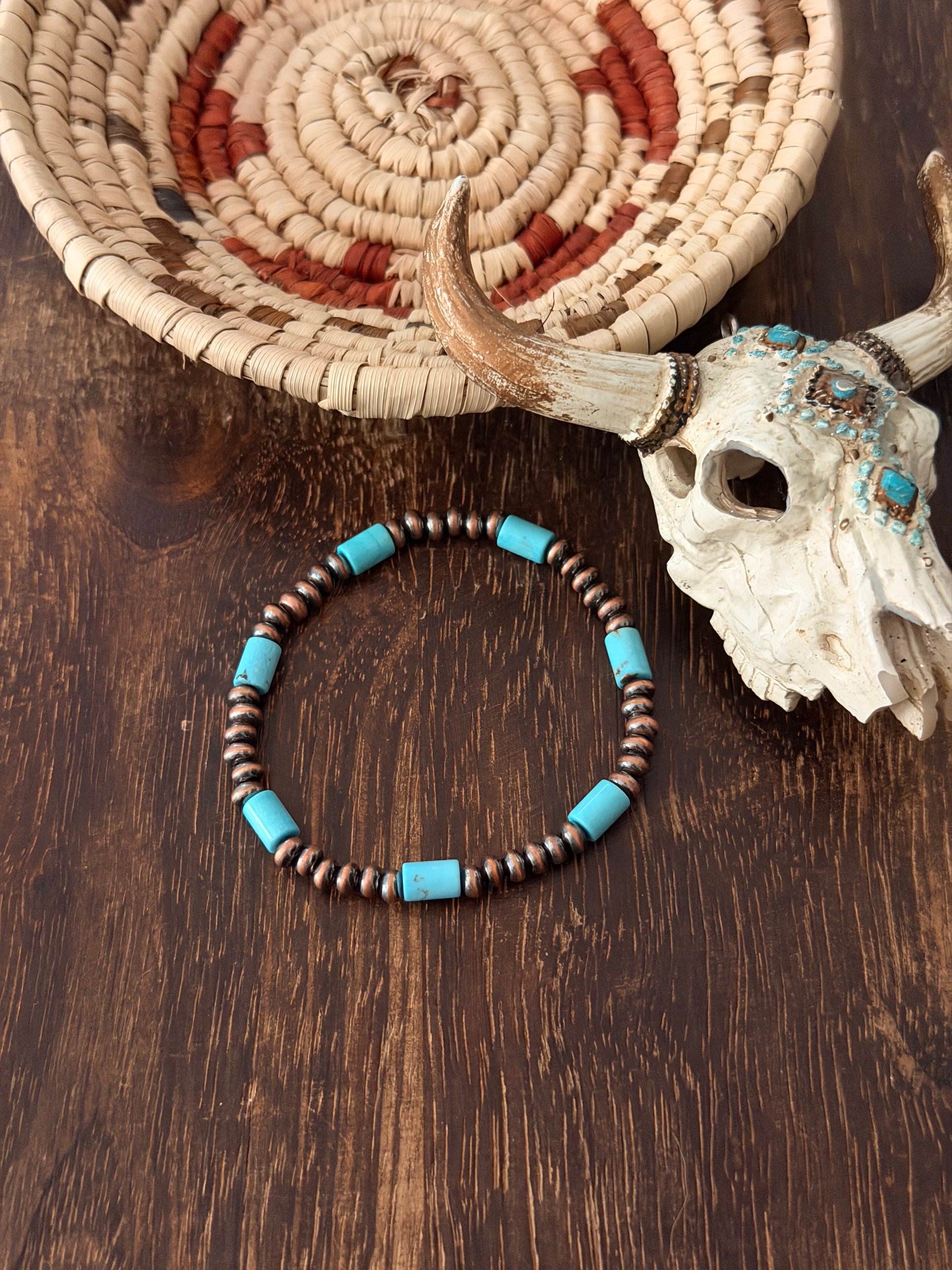 Navajo Strung Kingman Turquoise & Copper Beaded Pearl Stretchy Bracelet