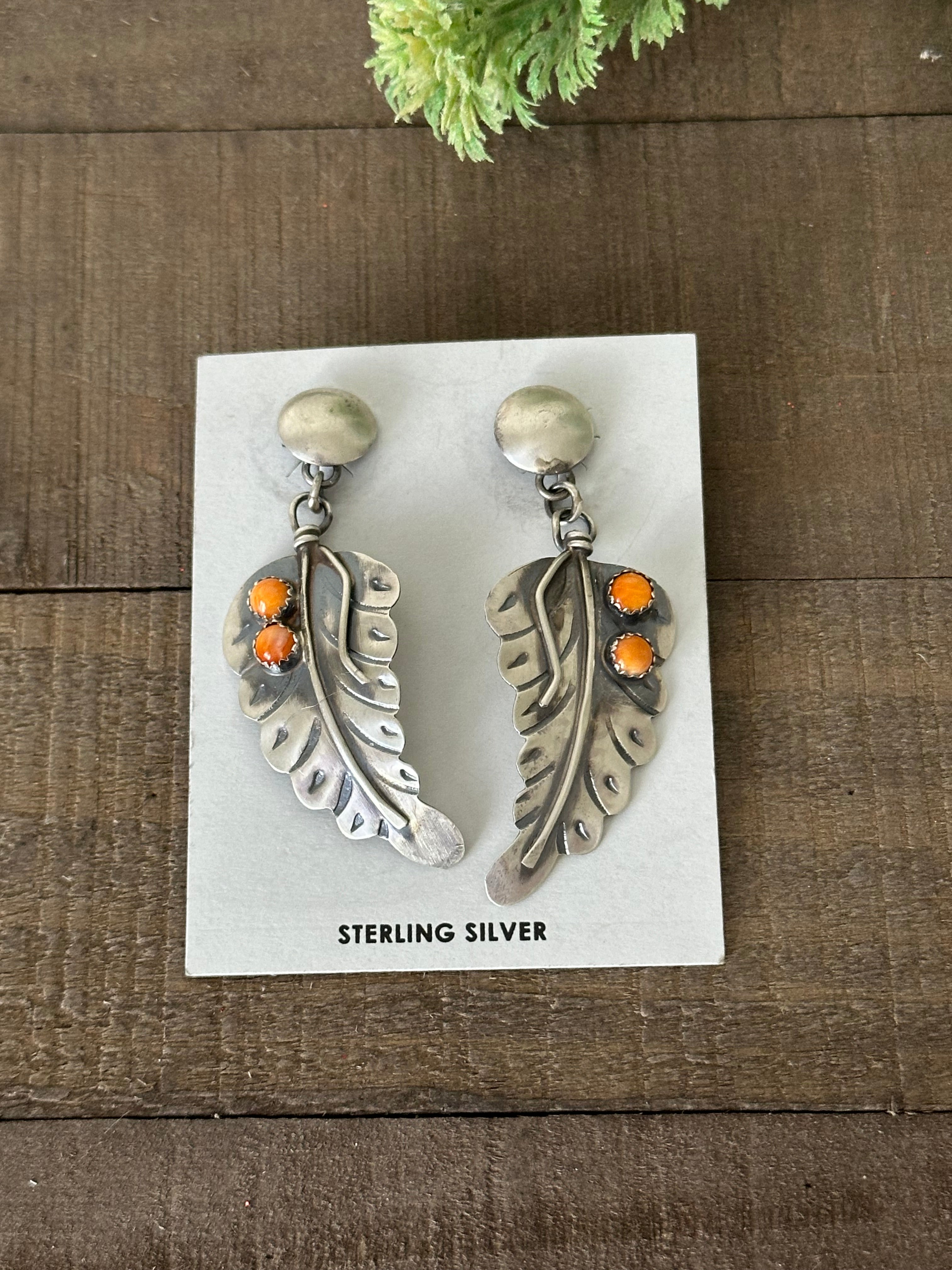 Gabriela Yazzie Spiny Oyster & Sterling Silver Post Dangle Feather Earrings