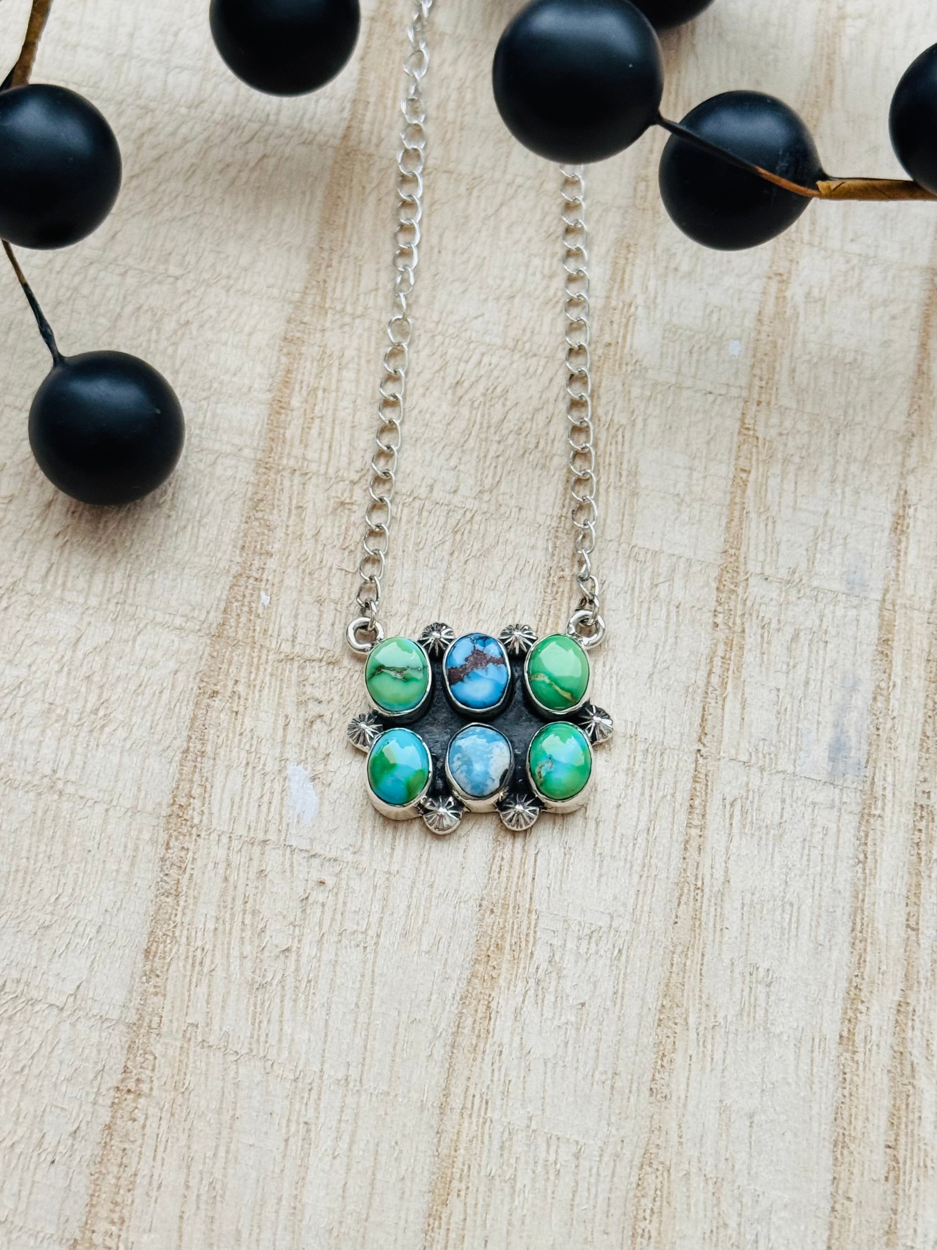 Southwest Handmade Multi Stone & Sterling Silver Cluster Necklace