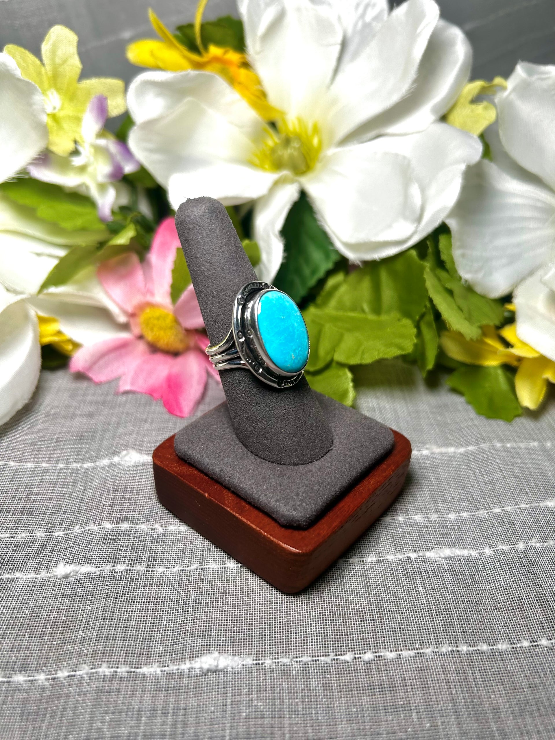 Navajo Made Natural Sonoran Mountain Turquoise & Sterling Silver Ring Size 8.25