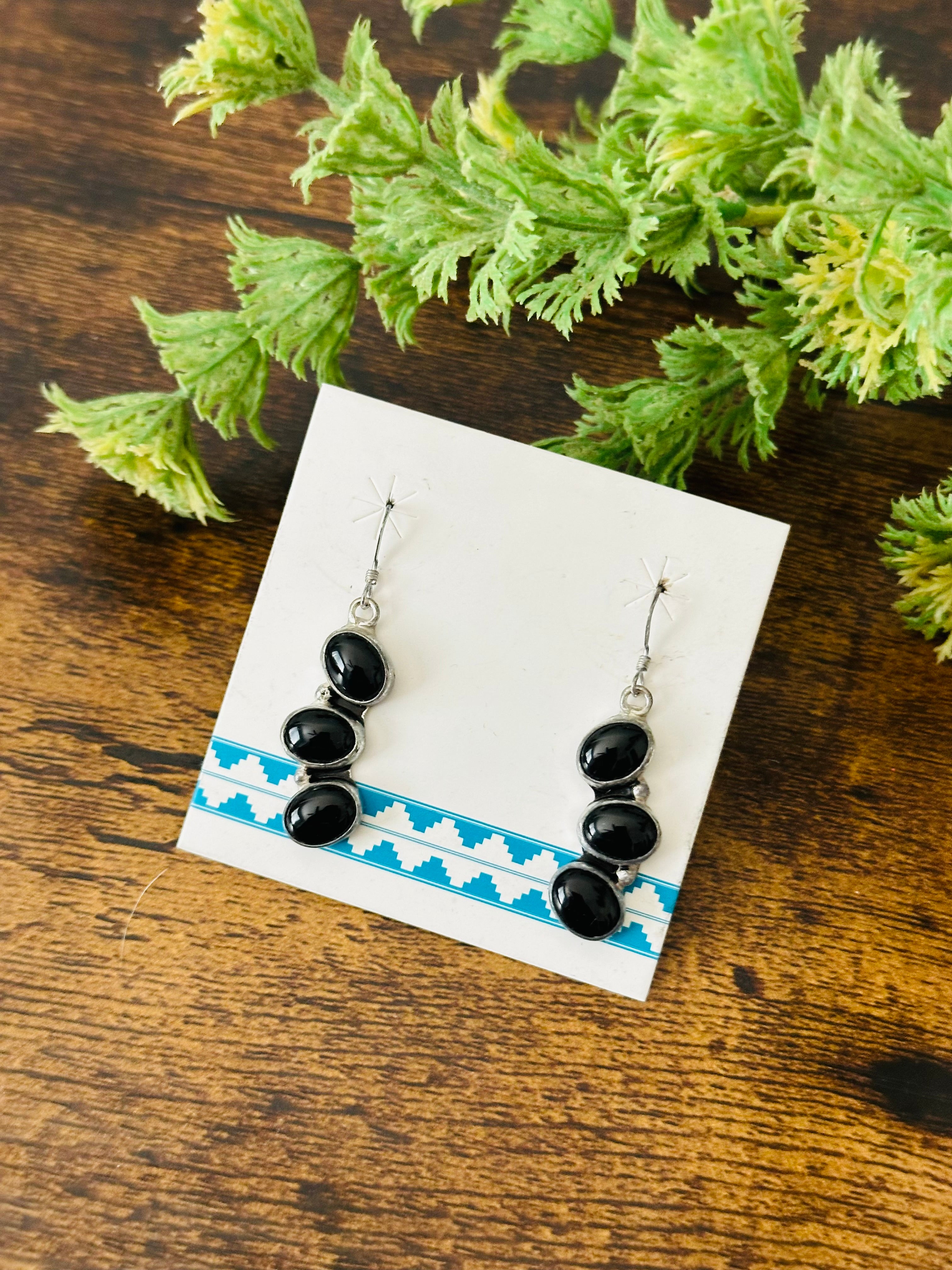 Navajo Made Onyx & Sterling Silver Dangle Earrings