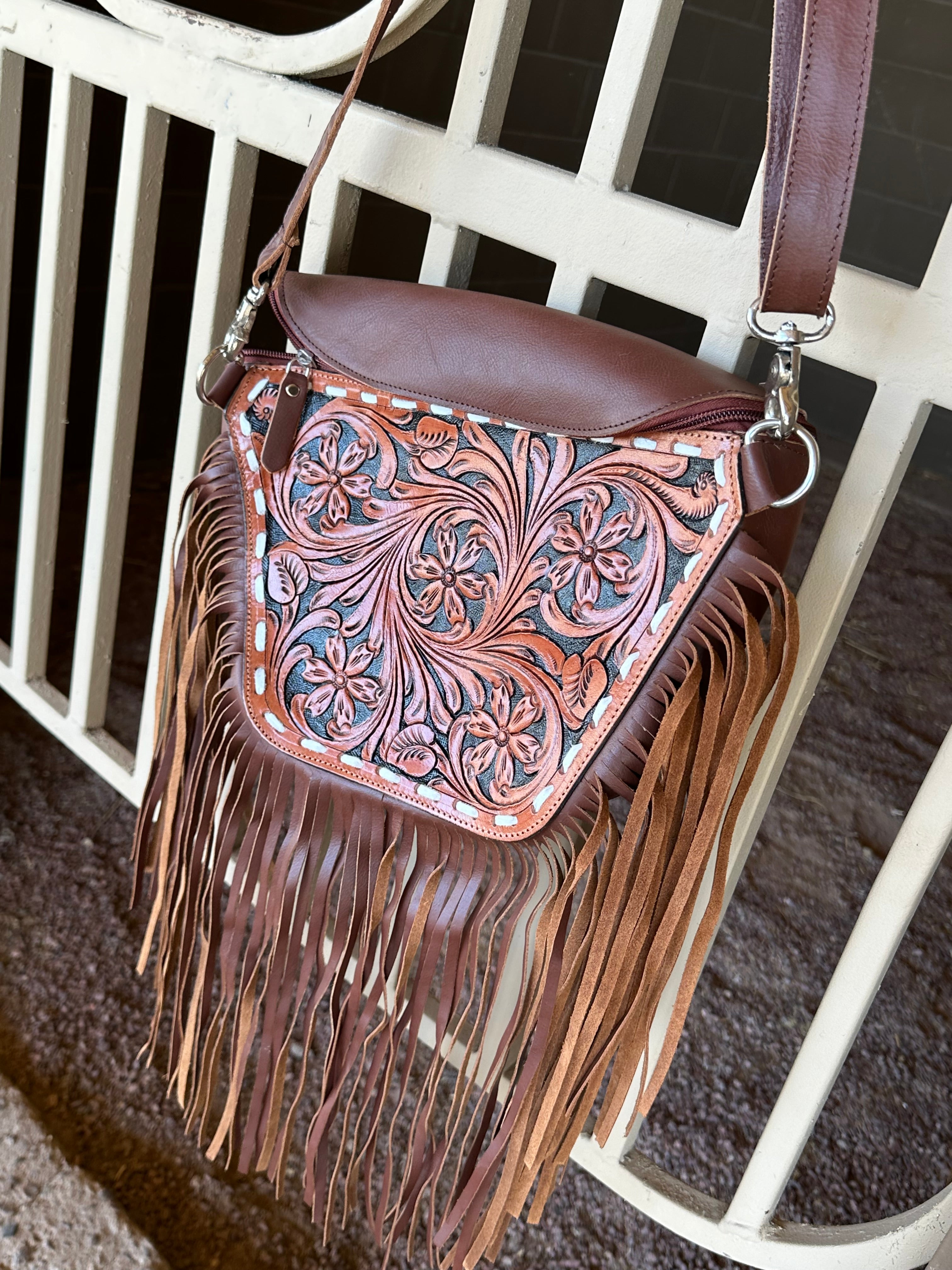 Genuine Tooled Leather Fringe Purse