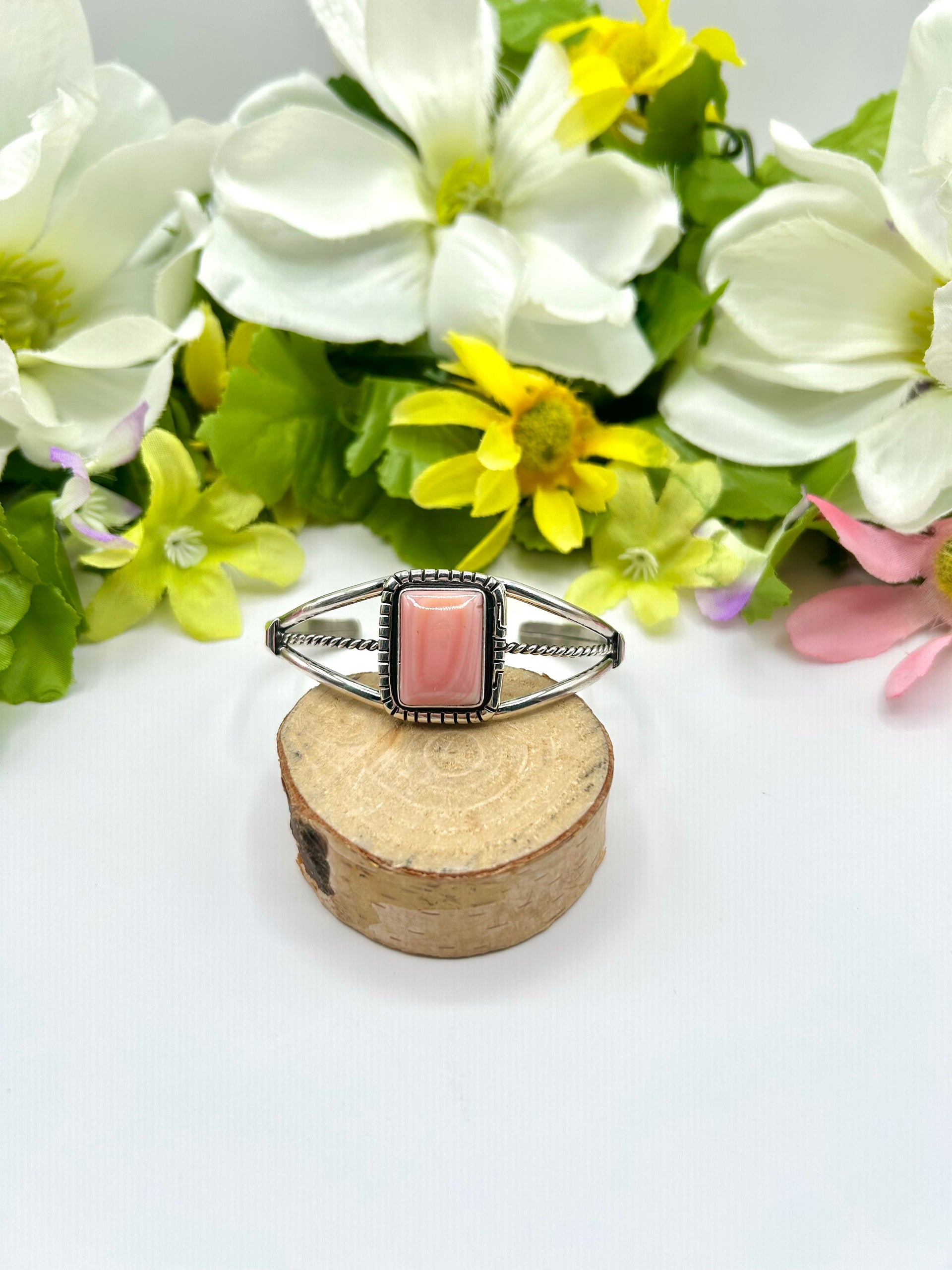 Navajo Made Pink Conch & Sterling Silver Cuff Bracelet