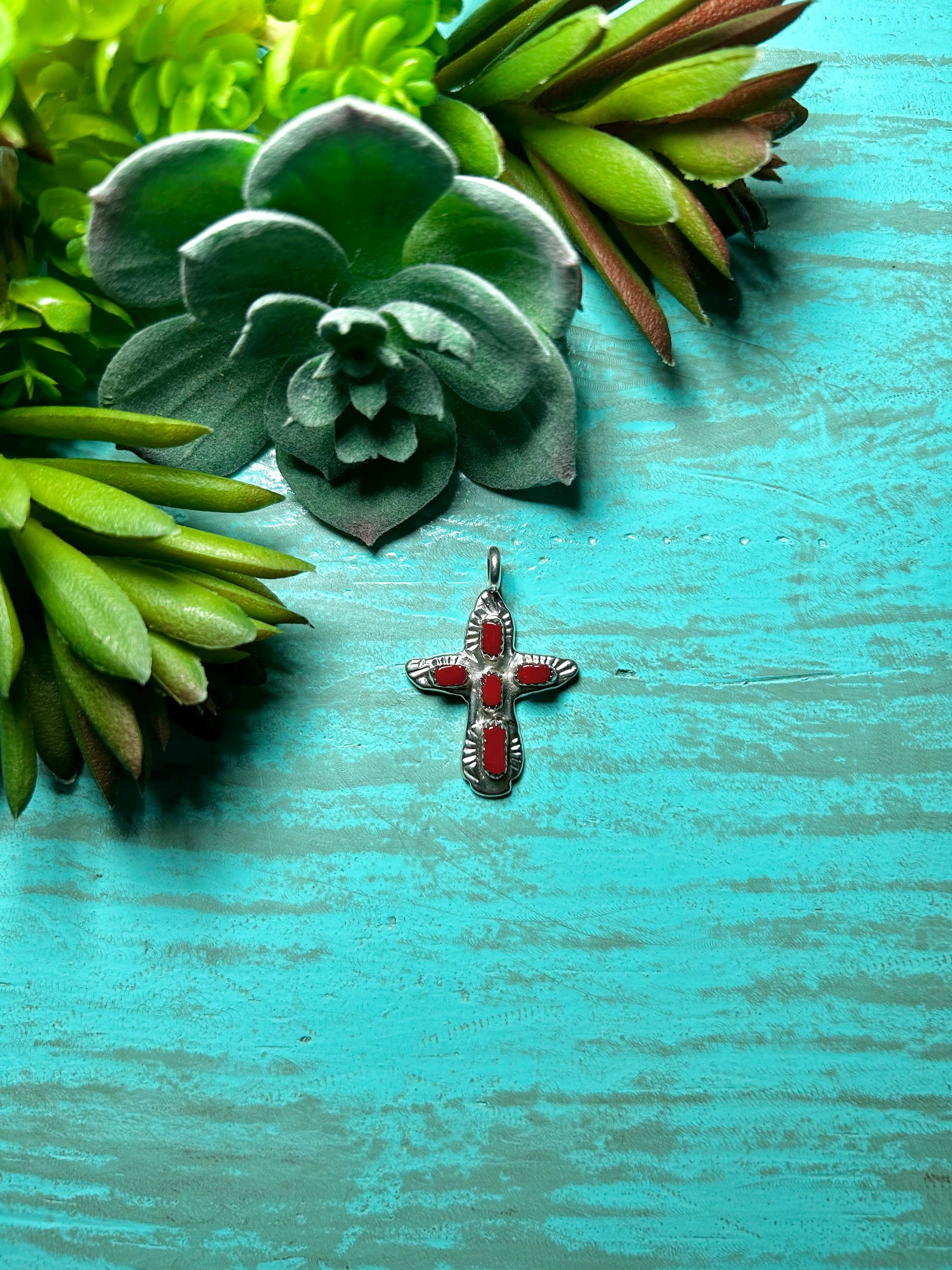 Zuni Made Red Coral & Sterling Silver Pendant