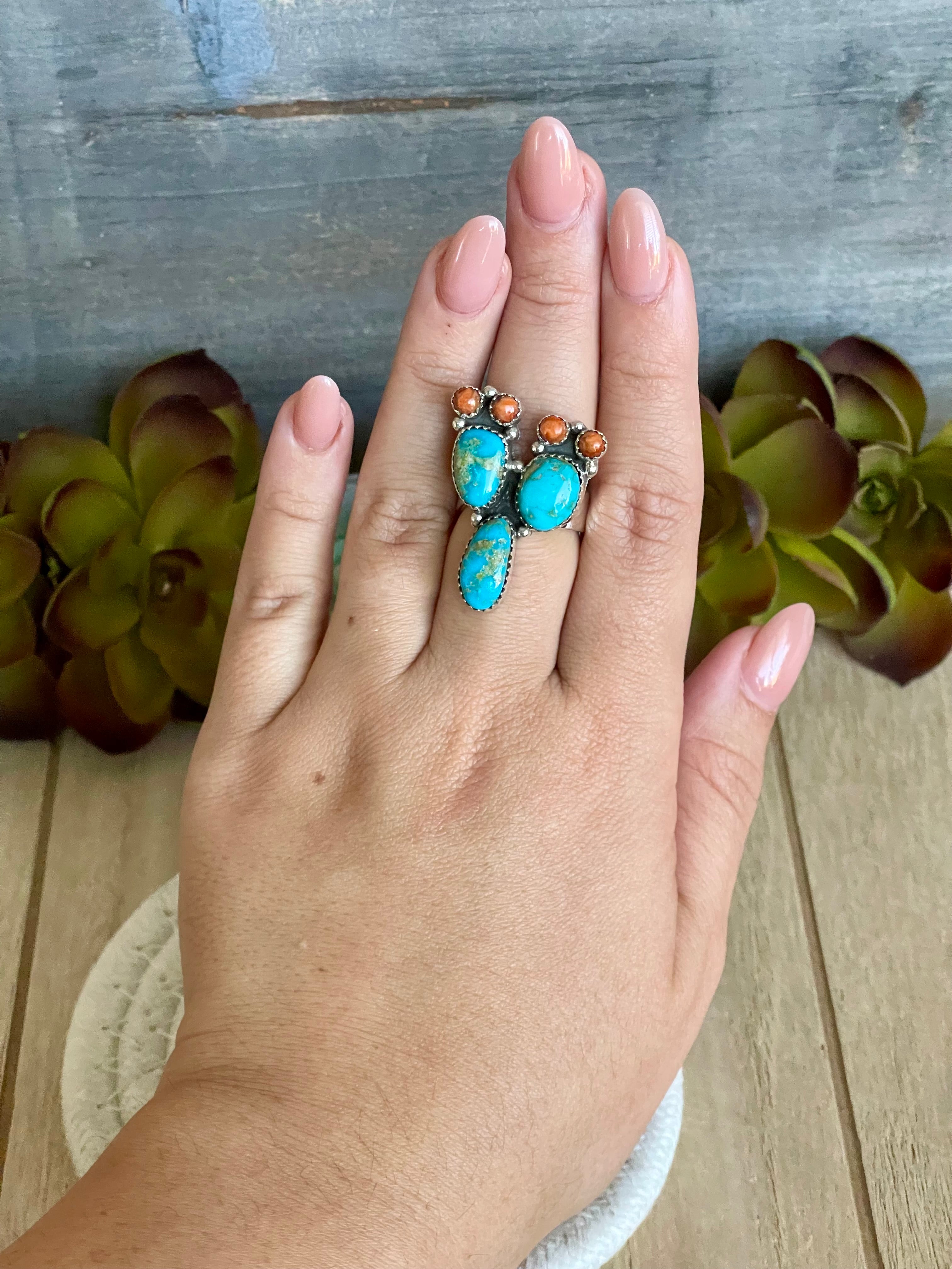 Southwest Handmade Sonoran Mountain Turquoise & Sterling Silver Adjustable Prickly Pear Ring