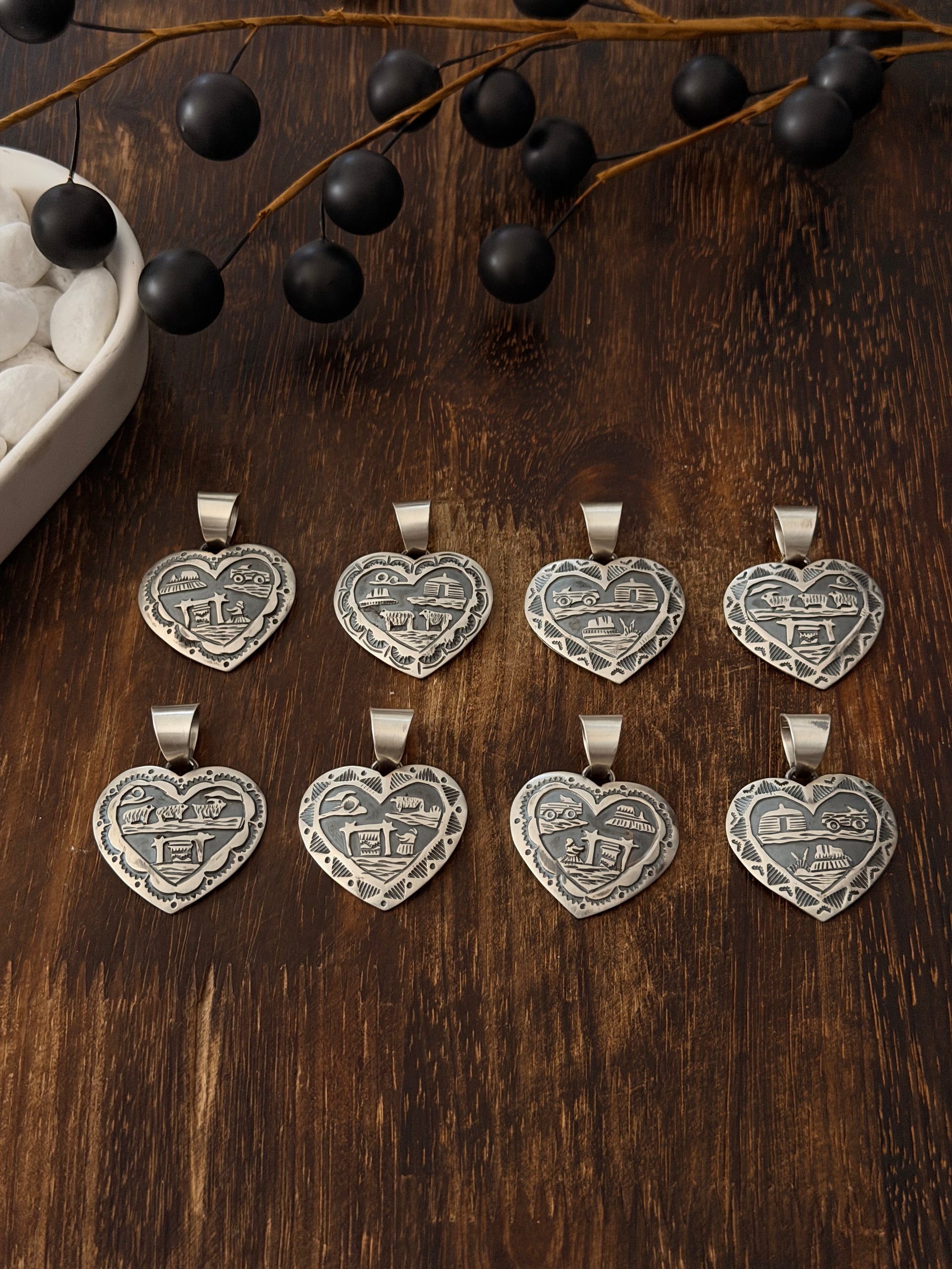 Wilson Tsosie Sterling Silver Storyteller Heart Pendants