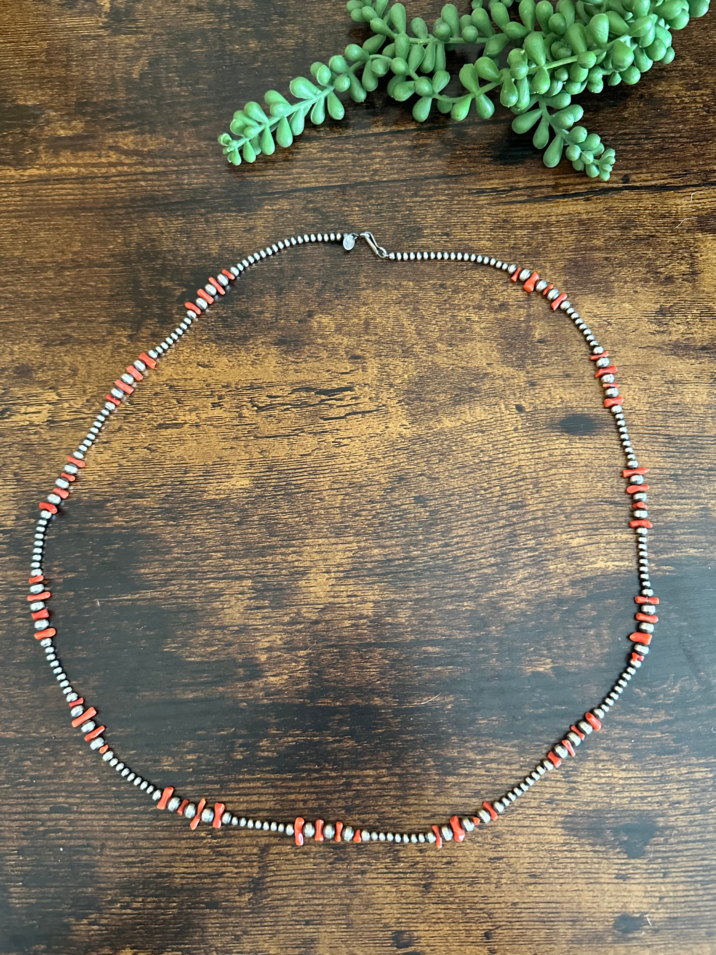 Navajo Strung Red Coral & Sterling Silver Graduated Pearls Beaded Necklace